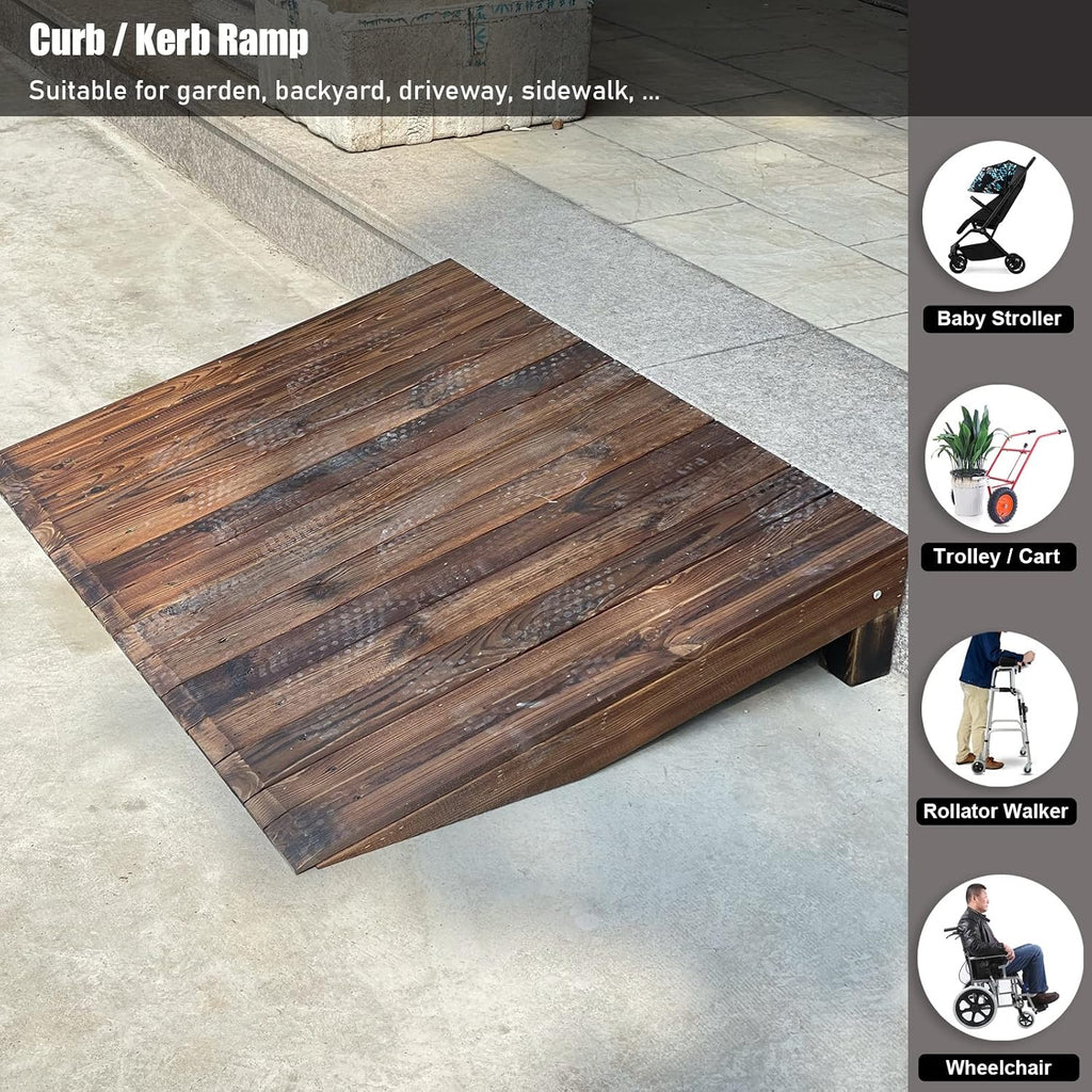 Katzowen Threshold Ramp Driveway Brown Wooden Doorway Threshold/Kerb Ramp, Non-Skid Patio Garage Bike/Motorcycle/Wheelchairs Ramps, 3.9'/7'/7.8'/9.8' High(90x18x70cm/35x7x27in)