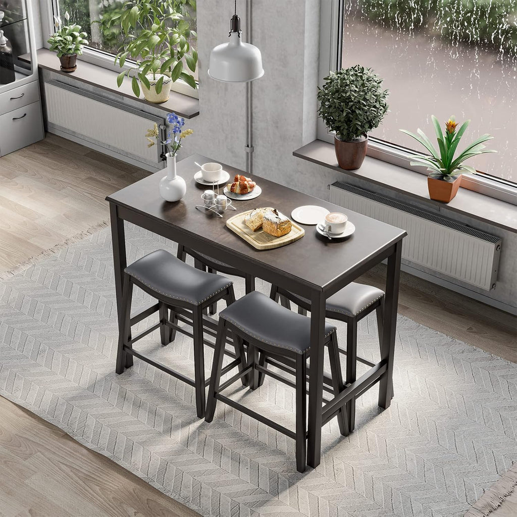 COSTWAY 5-Piece Dining Table Set for 4, Counter Height Breakfast Table and Upholstered 4 Saddle Stools, Space-Saving Design, Rubber Wood Pub Dinette Set for Bistro Dining Room Small Space, Black+Grey