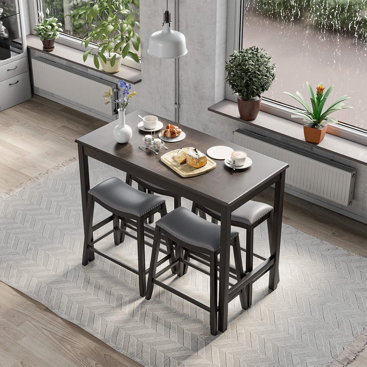 COSTWAY 5-Piece Dining Table Set for 4, Counter Height Breakfast Table and Upholstered 4 Saddle Stools, Space-Saving Design, Rubber Wood Pub Dinette Set for Bistro Dining Room Small Space, Black+Grey