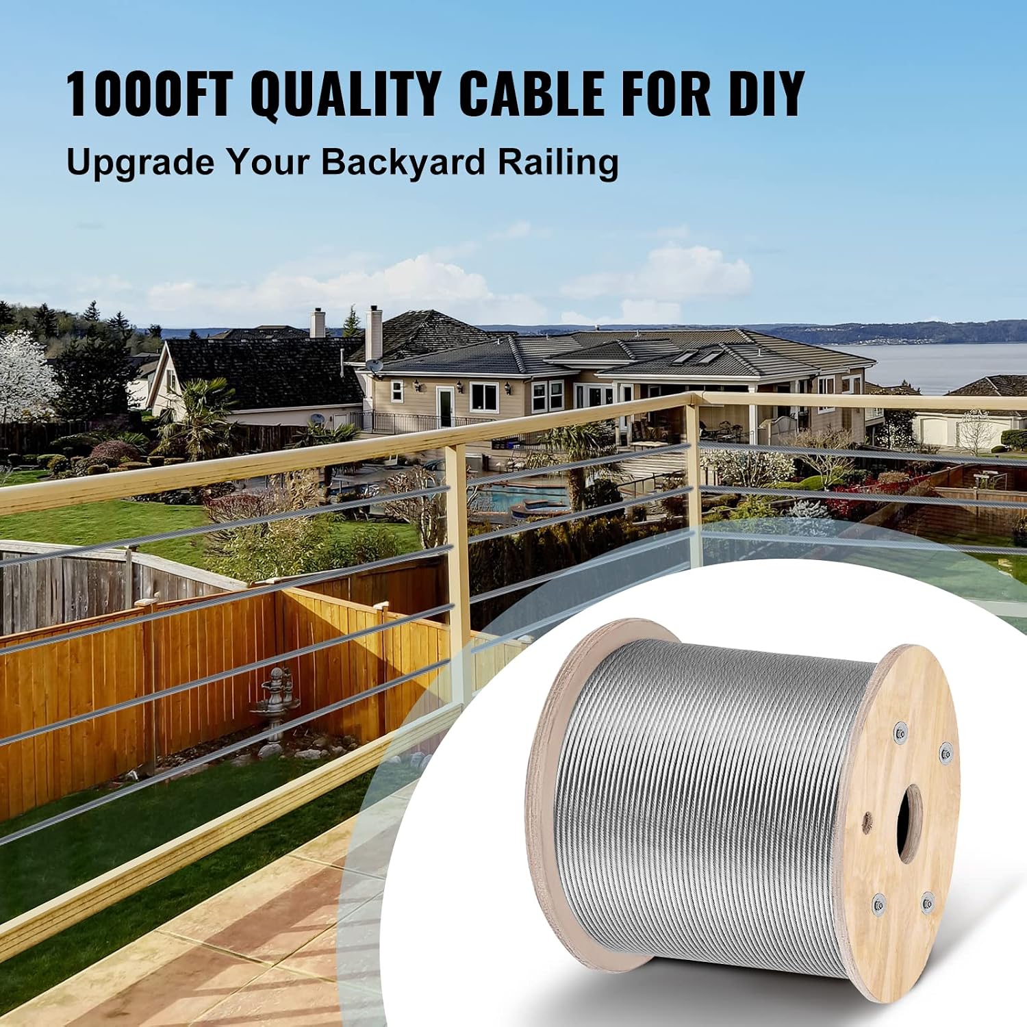 VEVOR 3/16 Stainless Steel Cable 1000FT, T316 4700 LBS Breaking Strength Thickened Cable Railing System Wire Rope Aircraft Deck Railing Kit Fence Wire