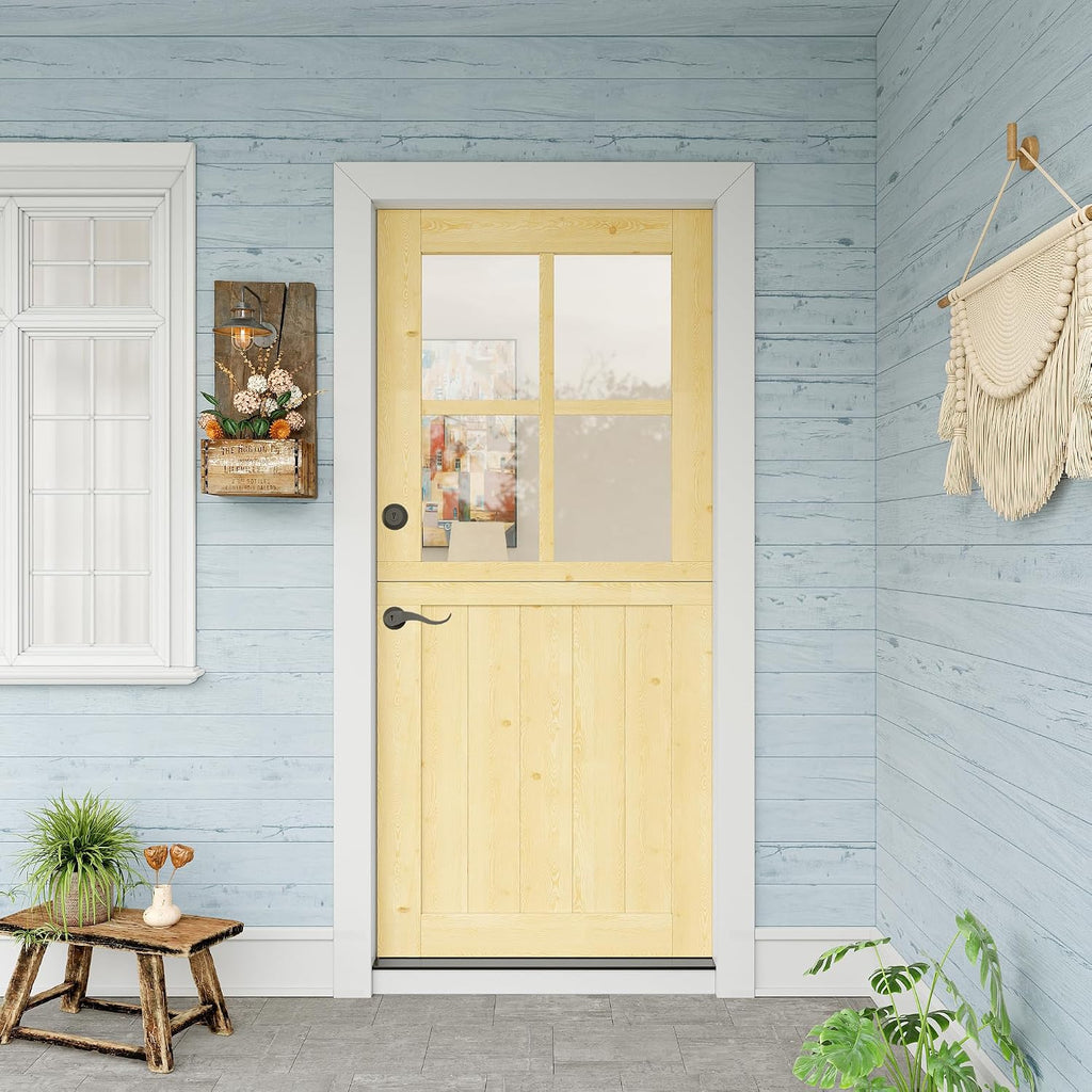 36' x 80' Exterior Dutch Entry Door (Front/Outside) - 1.75' Solid Pine with 4-Lite Glass, Half Panel,Interior Doors Slab for Home Entryway/Back w/4 Hinges+1 Latch +1 Slab+1 Lock Set