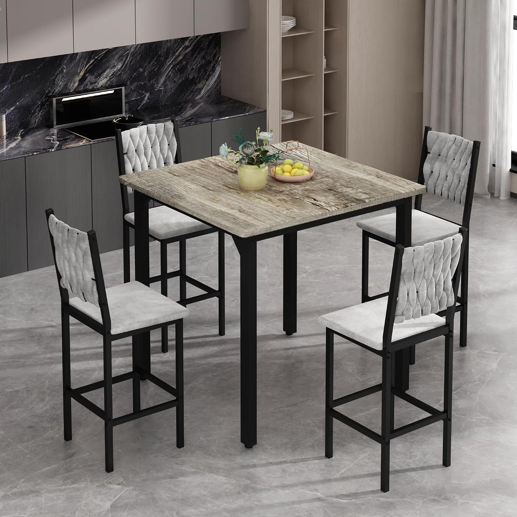 AWQM 5-Piece Dining Table Set, Dining Table Set for 4, Counter Height Table & 4 Velvet Bar Stools, Modern Kitchen Dining Set, Compact Dining Set for Small Spaces (Gray & Velvet Chairs)