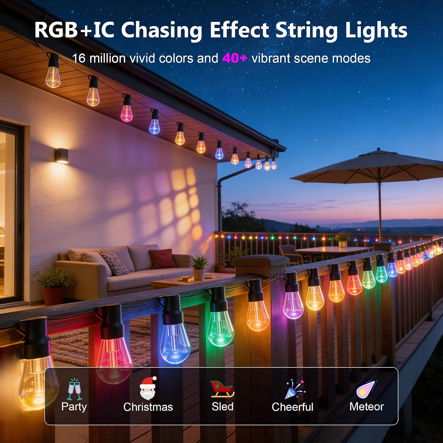 Beizelte Outdoor String Lights, 400FT RGB+IC Outside Light Dimmable Shatterproof LED Bulbs, IP67 Waterproof Chasing Effect Lighting DreamColor Patio Strip Lights for Backyard, Balcony, Outdoor Living