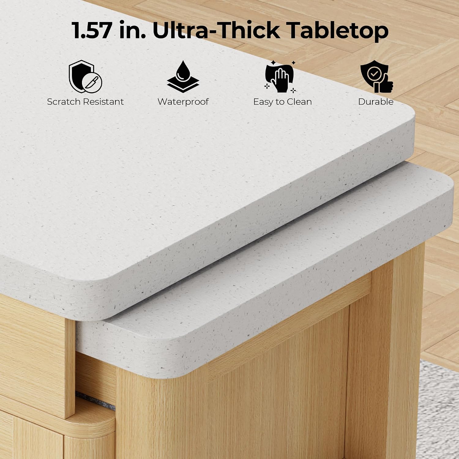 IRONCK 78.7' Kitchen Island with Extendable Dining Table, Rolling Kitchen Cart on Wheels with Quartz Laminate Top, Storage Cabinet, Spice Rack, Shelf & Drawer for Dining Room (Oak)