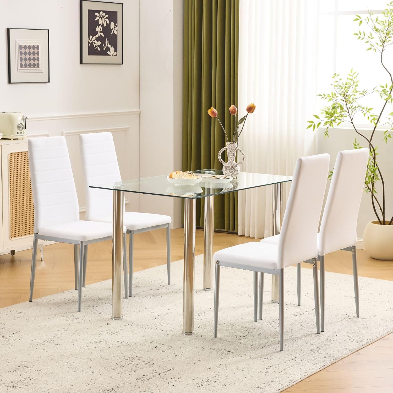 Karl home 5-Piece Dining Table Set with 1 Glass Dining Table and 4 Leather Chairs, Modern Silver Dining Table Set for Kitchen & Breakfast Dining Living Room, Space Saving