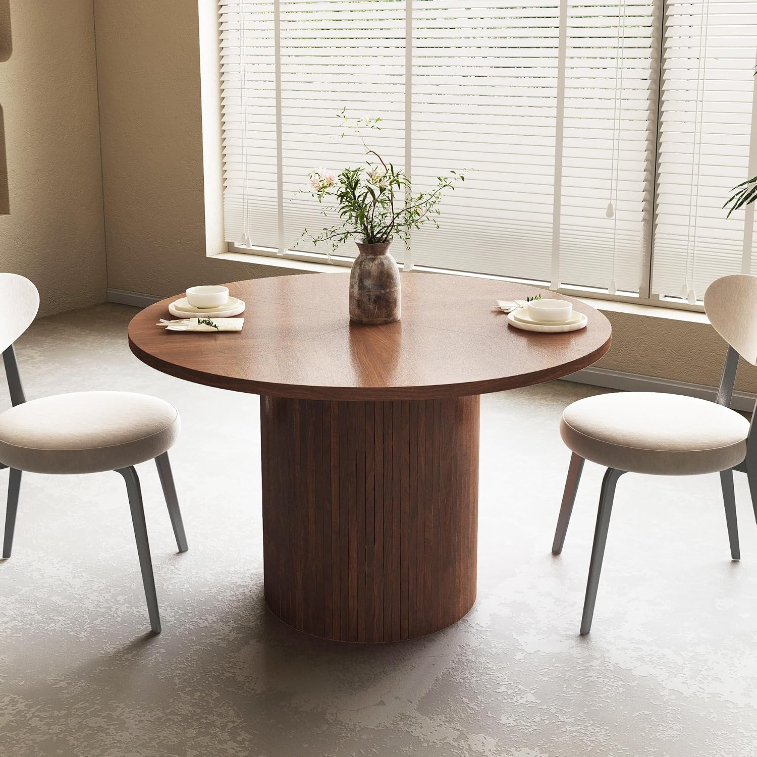 Round Dining Table for 4, Modern Farmhouse Kitchen Table, 47 Inch Small Circle Dining Tables with Wood Strip Base for Kitchen Living Room (Walnut)
