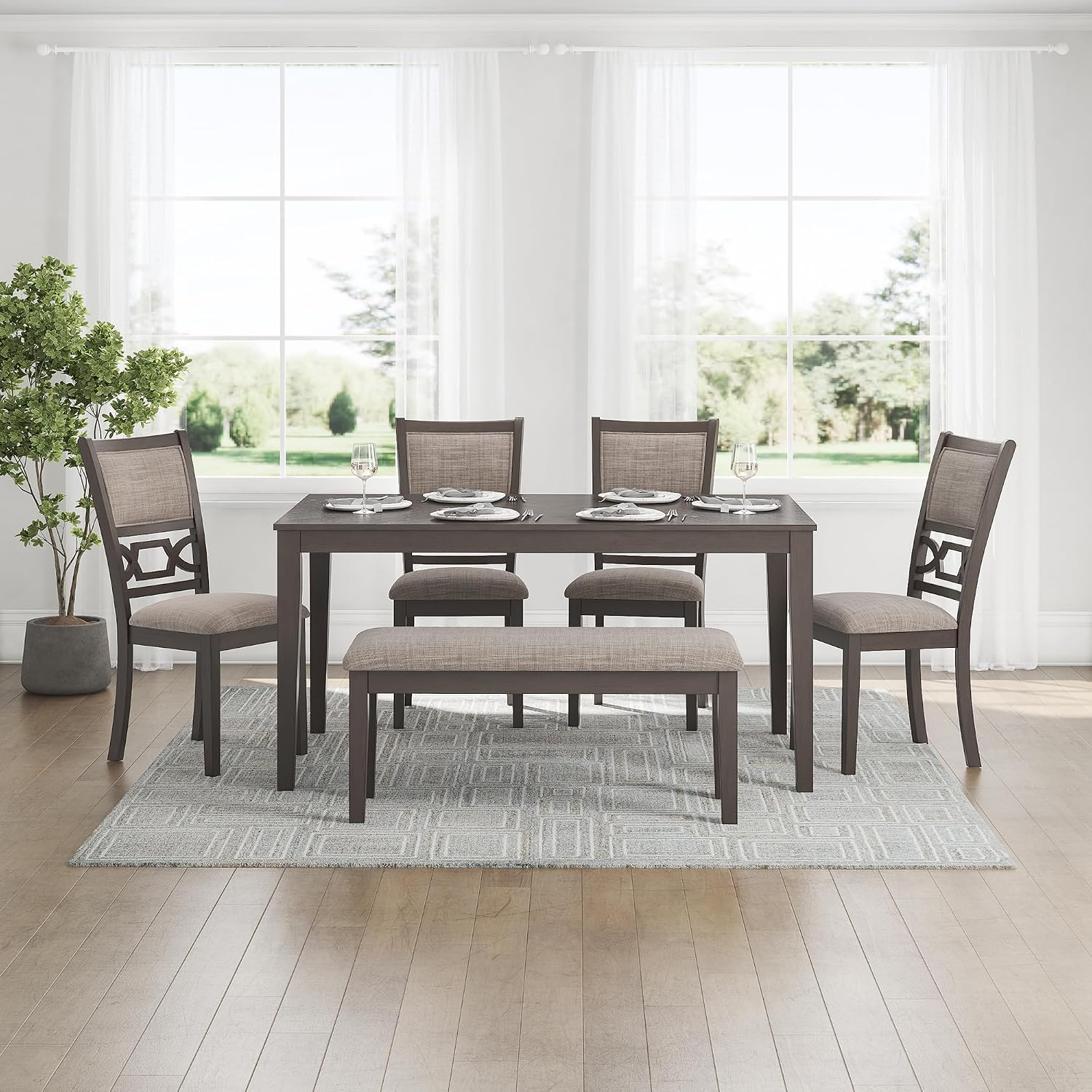 Signature Design by Ashley Wrenning Diamond Patterned Dining Table Set, 4 Upholstered Chairs and Bench, Seats 6, Wood, Gray