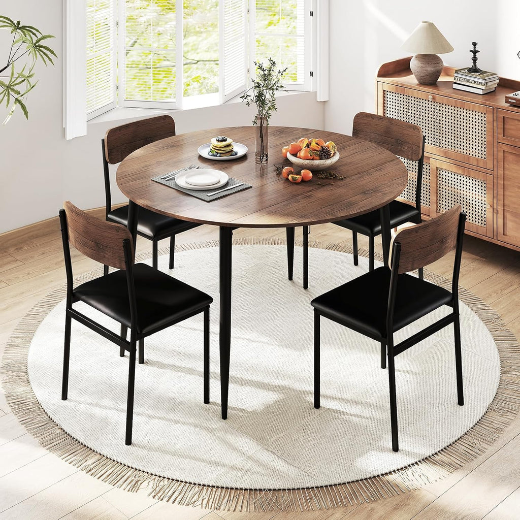 Giantex 5-Piece Dining Table Set for 4, 43.5' Round Kitchen Table and 4 Upholstered Dining Chairs with Drop Leaf Tabletop, Sturdy Metal Frame, Space Saving Farmhouse Dinette Set for Dinette Dinner