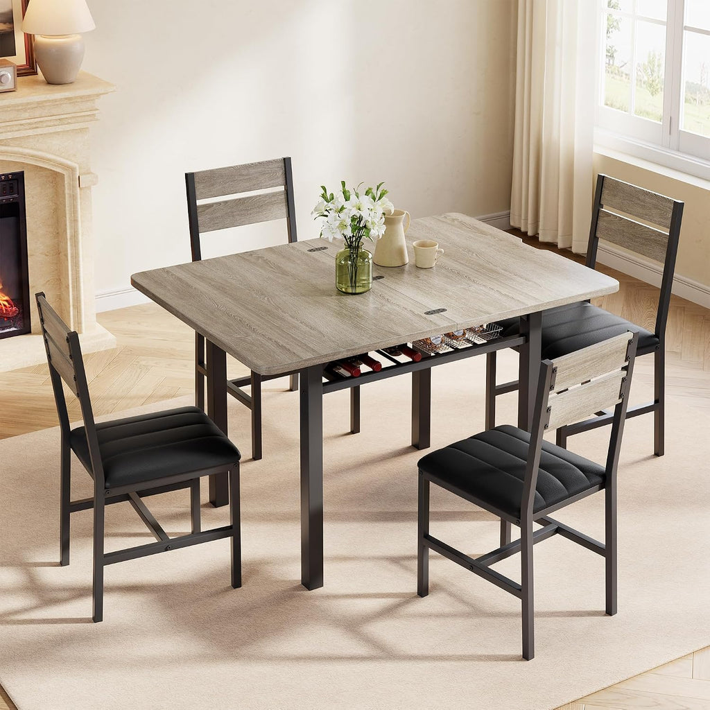 MapleGrace Dining Table Set for 4, Extendable Kitchen Table with 4 PU Leather Upholstered Dining Room Chairs, Wood Kitchen Table Set with Built-in Storage Rack for Dining & Small Spaces, Grey