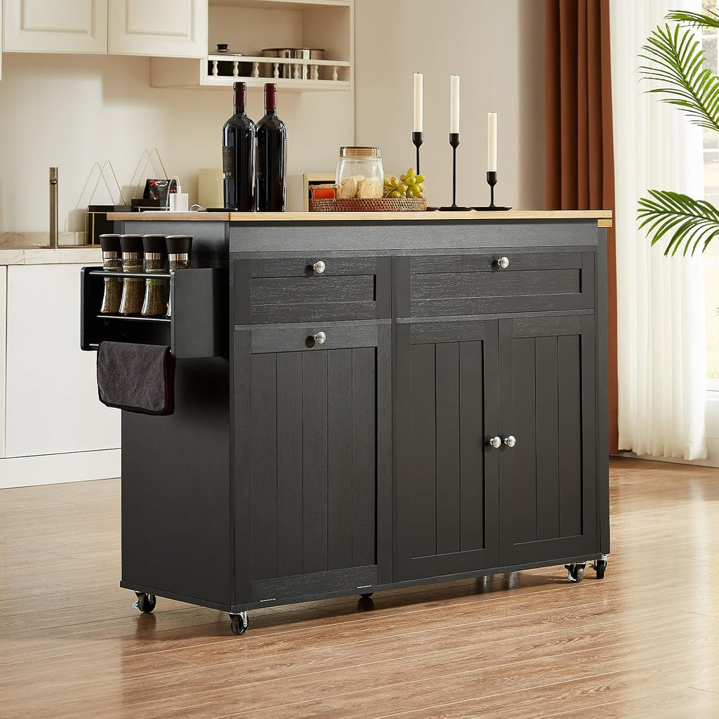 ONBRILL Kitchen Islands with Extendable Dining Table, 81.7' Mobile Kitchen Storage Islands, Rolling Kitchen Cart with Trash Cabinet, Power Outlet, Spice Rack & Towel Rack (Black)