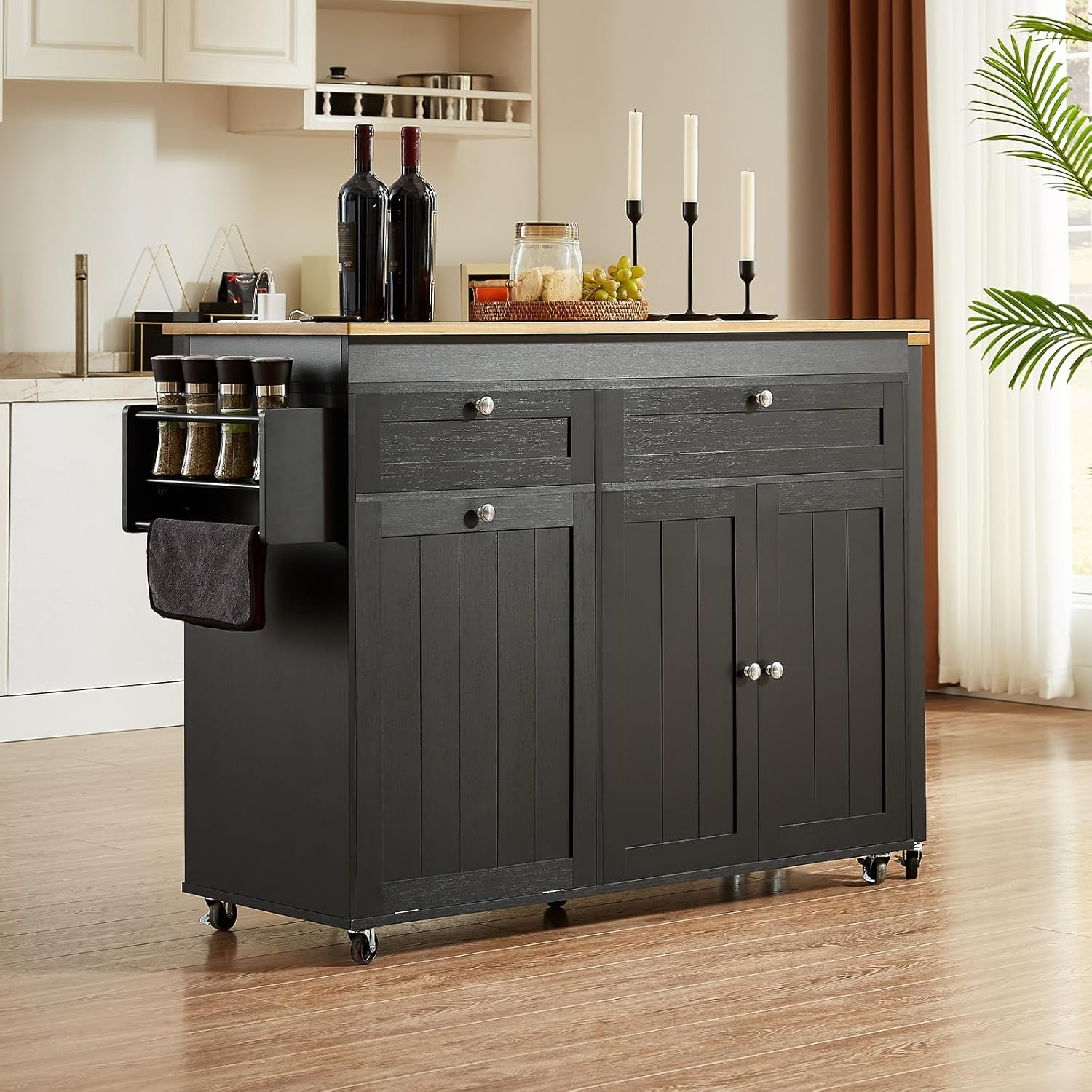 ONBRILL Kitchen Islands with Extendable Dining Table, 81.7' Mobile Kitchen Storage Islands, Rolling Kitchen Cart with Trash Cabinet, Power Outlet, Spice Rack & Towel Rack (Black)