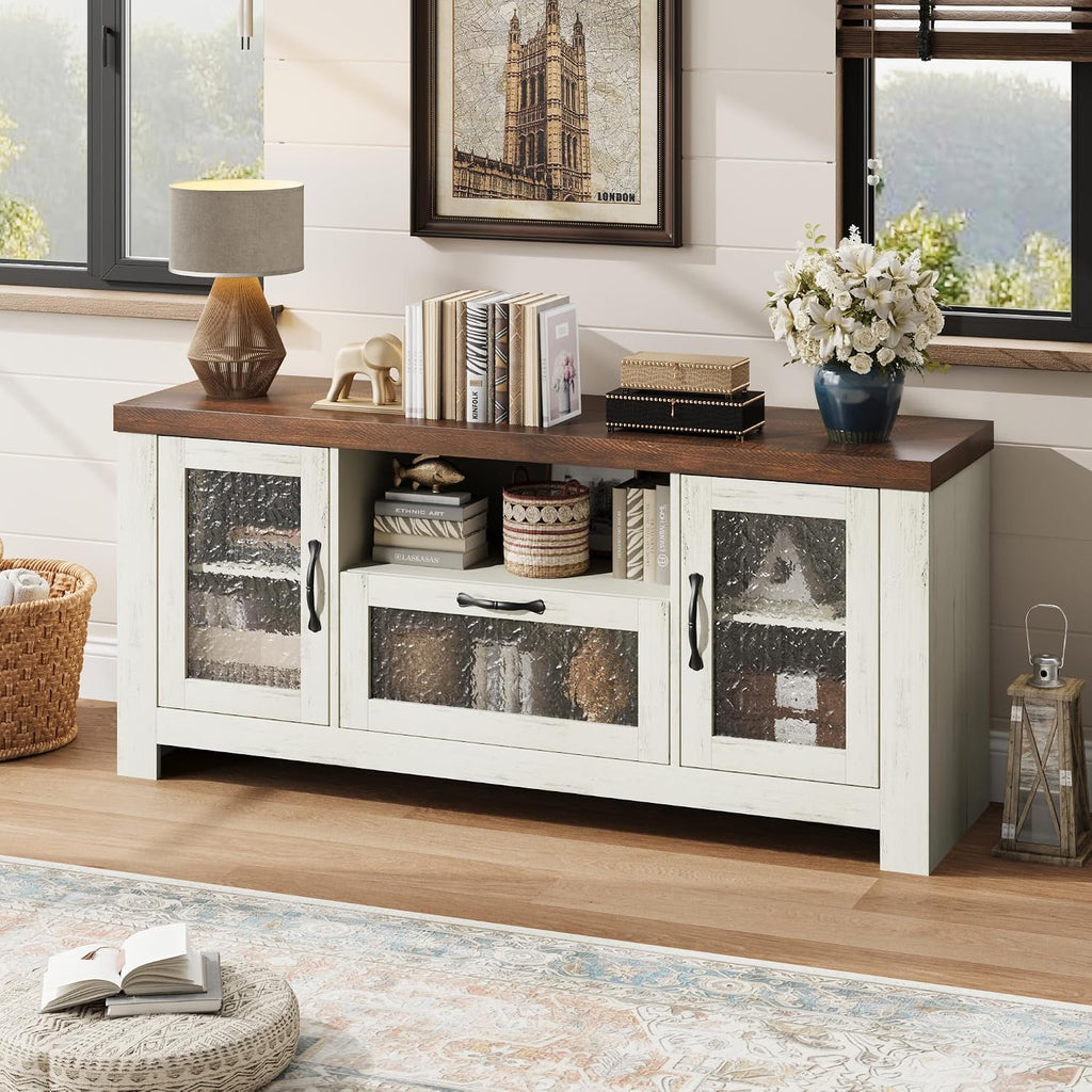 IDEALHOUSE TV Stand for 65 Inch TV, Farmhouse Entertainment Center with Acrylic Door Storage Cabinet & Adjustable Shelves, TV Console Table for Living Room Bedroom, White & Brown