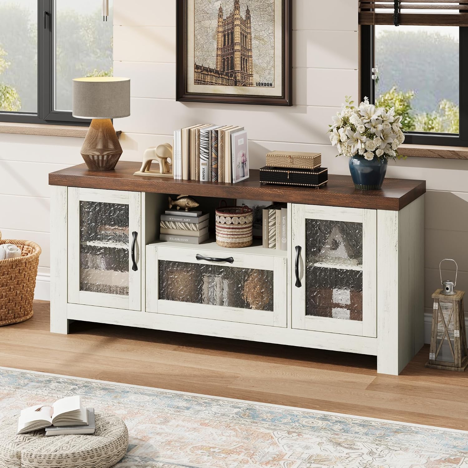 IDEALHOUSE TV Stand for 65 Inch TV, Farmhouse Entertainment Center with Acrylic Door Storage Cabinet & Adjustable Shelves, TV Console Table for Living Room Bedroom, White & Brown