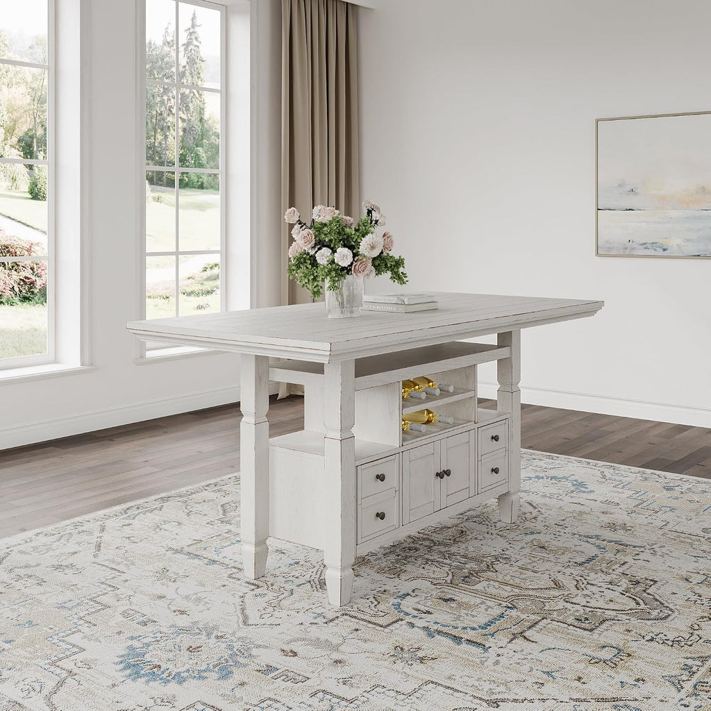 Signature Design by Ashley Robbinsdale Casual Counter Height Dining Table with 10 Bottle Wine Storage, Open Shelves, Drawers and Cabinet, Antiqued White Finish, 36' W x 72' L x 37' H