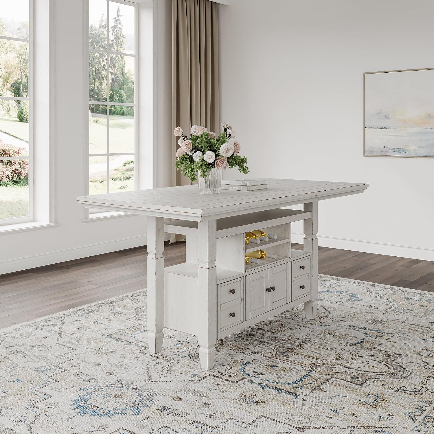 Signature Design by Ashley Robbinsdale Casual Counter Height Dining Table with 10 Bottle Wine Storage, Open Shelves, Drawers and Cabinet, Antiqued White Finish, 36' W x 72' L x 37' H