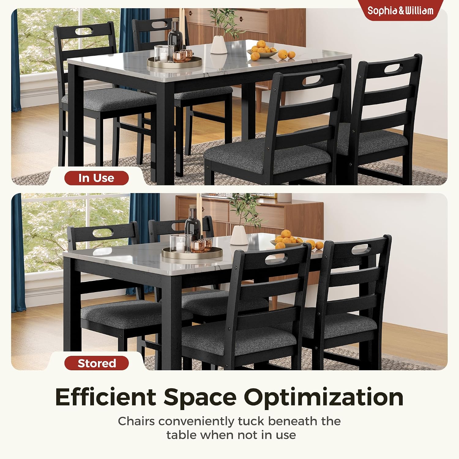 Sophia & William 5 Piece Dining Table Set for 4, Faux Marble Kitchen Table and Chairs Set, Solid Wood Farmhouse Dinner Table Set,Venatino White Marble & Black
