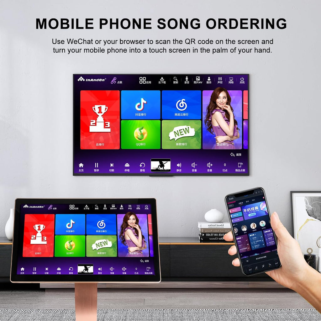 New Chinese Karaoke Machine KV-V5 MAX Karaoke Player, with Reverb Wireless Microphone, Pihaosen 22-inch capacitive Touch Screen Free Cloud Download Function YouTube APP Online Play