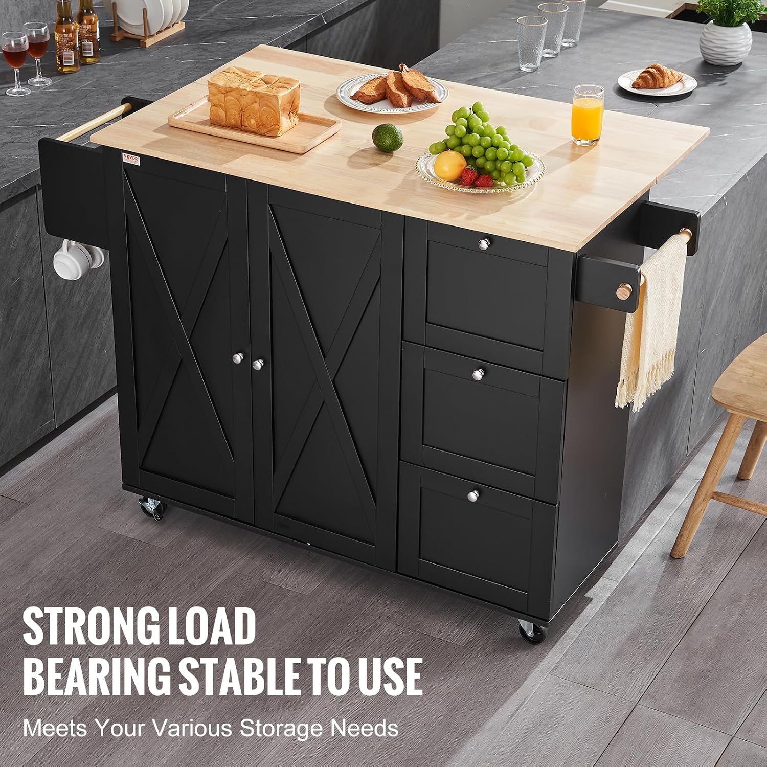 VEVOR Kitchen Island Cart, Rolling Table with Drop Leaf, Spice Rack, Towel Bar, Adjustable Shelf, Drawer, and Hooks, Mobile Island on Wheels, Mobile Carts with Storage Cabinet, 45.3' Wood Top, Black