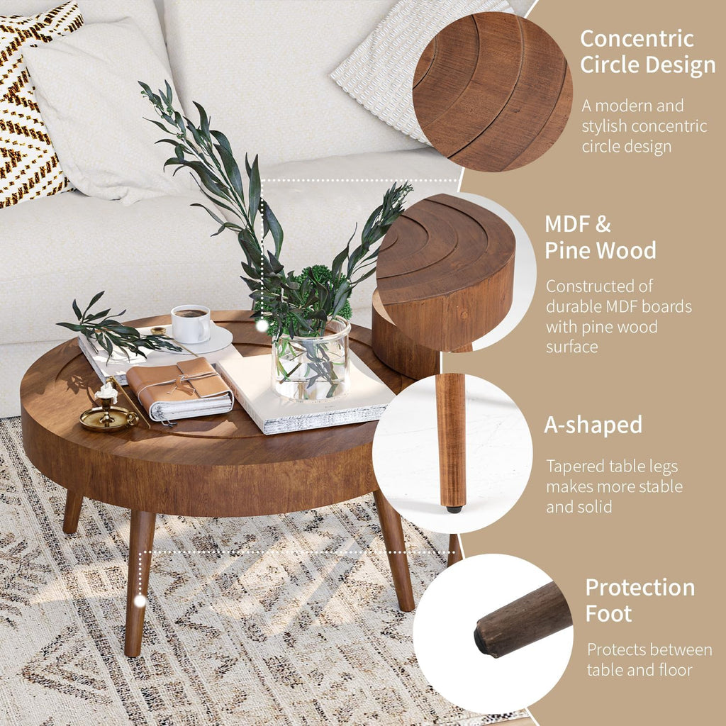 SUNBURY Round Coffee Table, Nesting Tables with Concentric Circle Pattern, Mid Century Modern Coffee Table Set for Living Room Bedroom, 31.5'x16' and 21.8'x20'