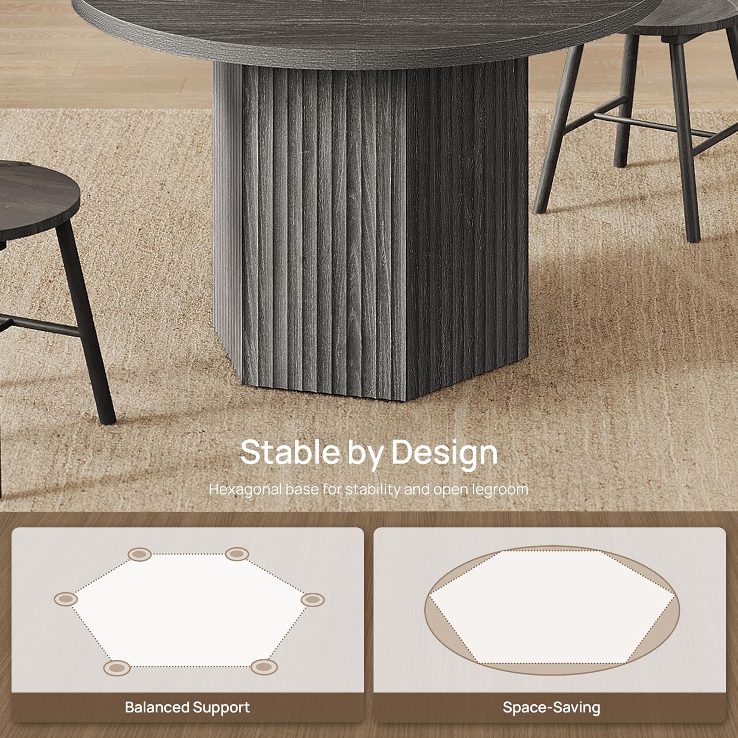 SICOTAS Round Dining Table for 4 6 People 47' Fluted Kitchen Dinner Table Modern Wooden Circle Dining Room Table with Sturdy Base for Dining Room Kitchen Living Room, Dark Grey Alder