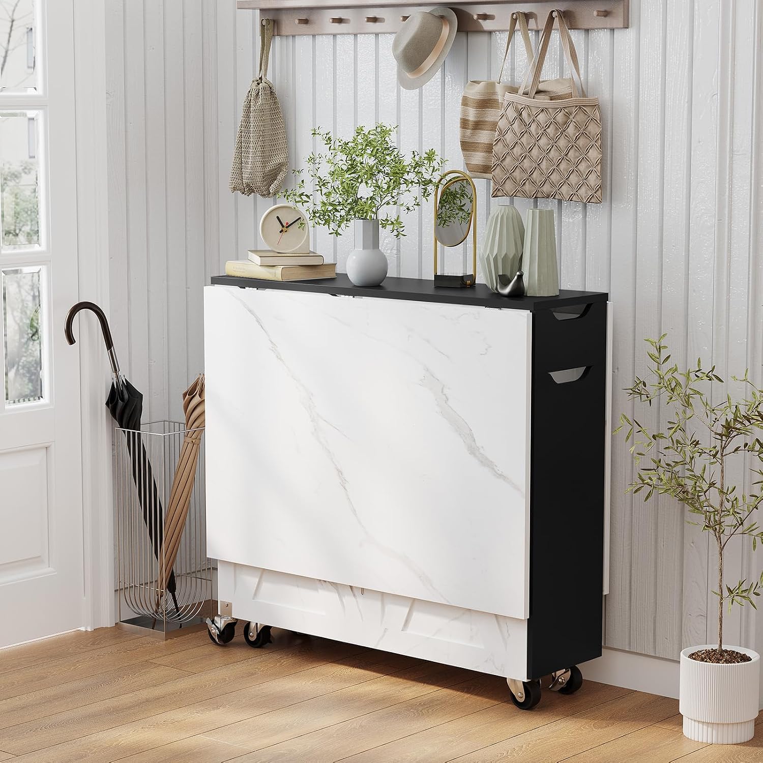White Marble Mobile Folding Dining Table - 6-Wheel Rolling Kitchen Cart with Storage, Drop Leaf Design for Small Spaces, Seats 4-6