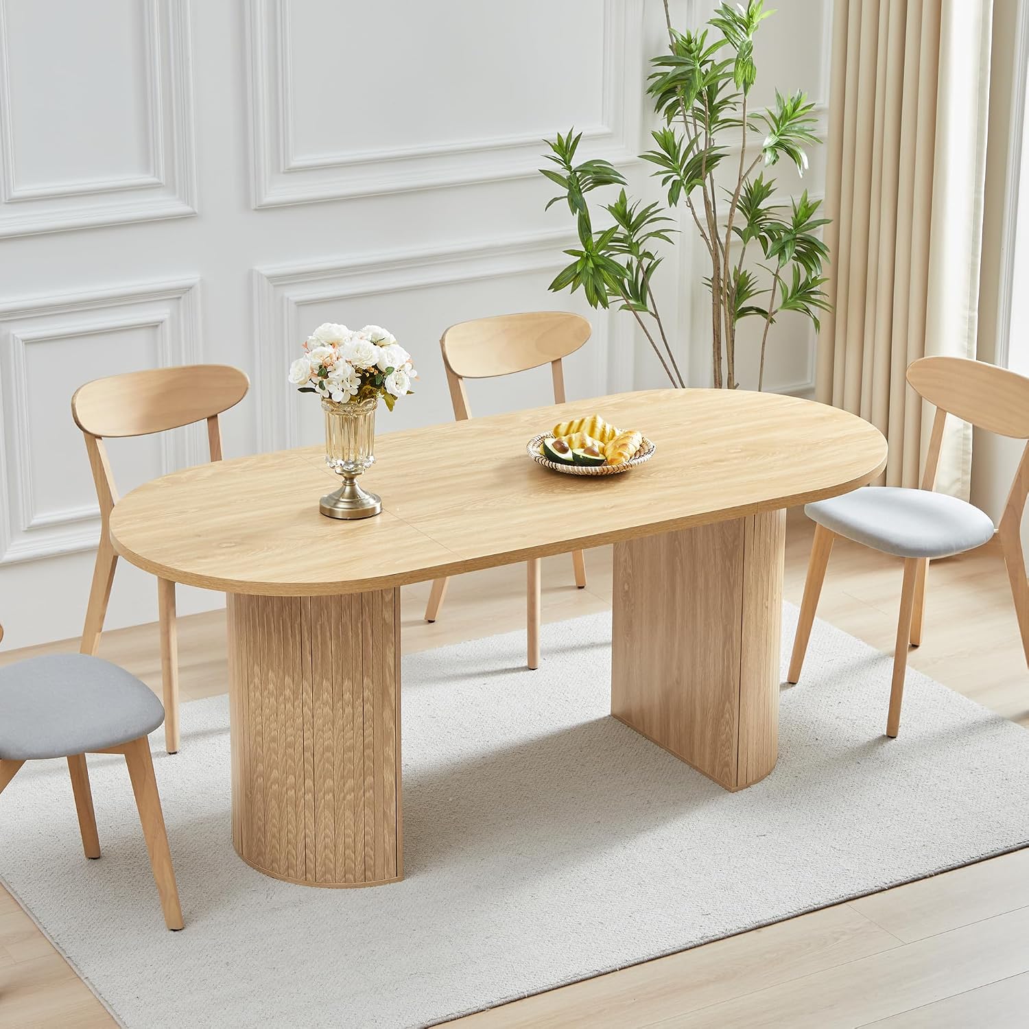 70.8 Inch Dining Table for 4-6 People, Oval Kitchen Table with Semi-Cylindrical Legs Base, Modern Farmhouse Round Dinner Tables for Dining Room Kitchen Living Room (Natural)