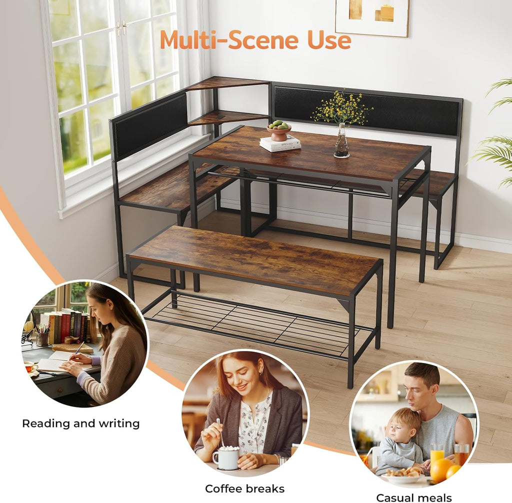 Zevemomo Kitchen Breakfast Nook Table Set for 4-6, Corner Dining Table Set with Charging Port, L-Shaped Corner Kitchen Table with Storage & Bench, Farmhouse Dining Table Set for Small Space, Brown
