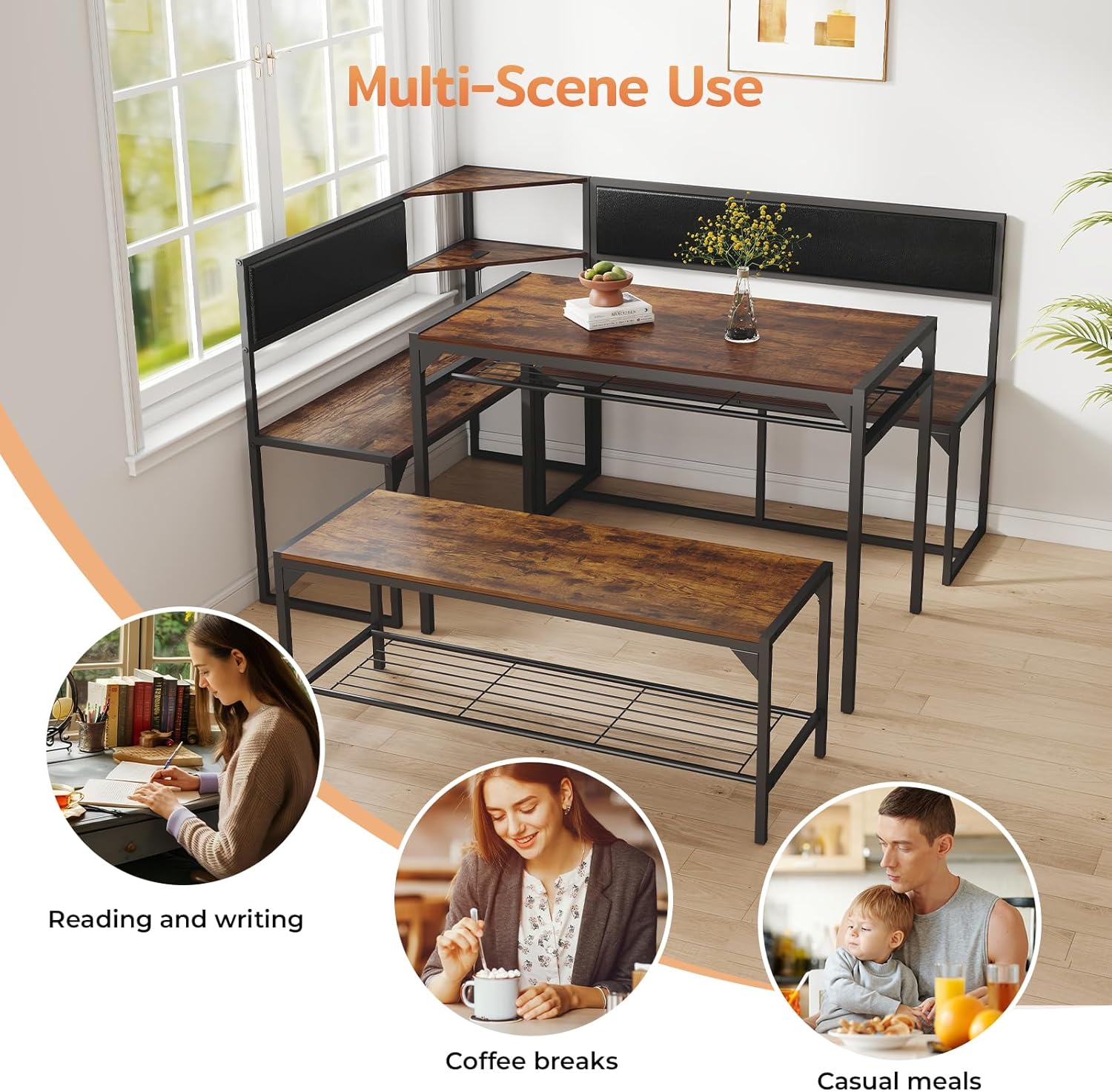 Zevemomo Kitchen Breakfast Nook Table Set for 4-6, Corner Dining Table Set with Charging Port, L-Shaped Corner Kitchen Table with Storage & Bench, Farmhouse Dining Table Set for Small Space, Brown