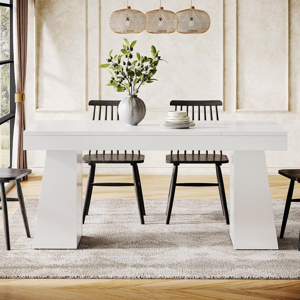 Tribesigns 55-Inch Dining Room Table for 4, Mid-Century Modern Dining Table with Double Pedstral, Rectangular Wood Kitchen Dinner Tables for Dining Room, Kitchen, Home, White (Only Table)