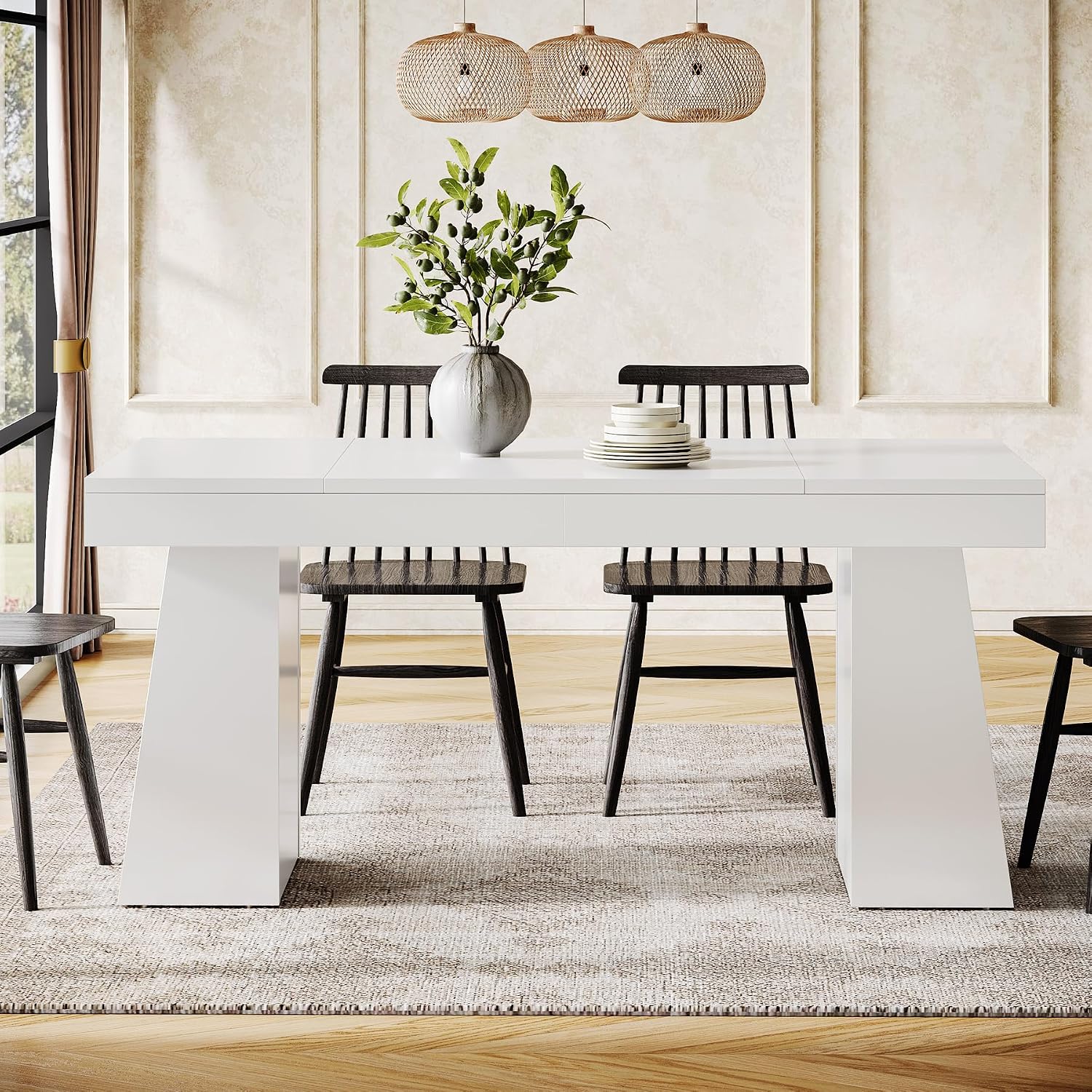 Tribesigns 55-Inch Dining Room Table for 4, Mid-Century Modern Dining Table with Double Pedstral, Rectangular Wood Kitchen Dinner Tables for Dining Room, Kitchen, Home, White (Only Table)