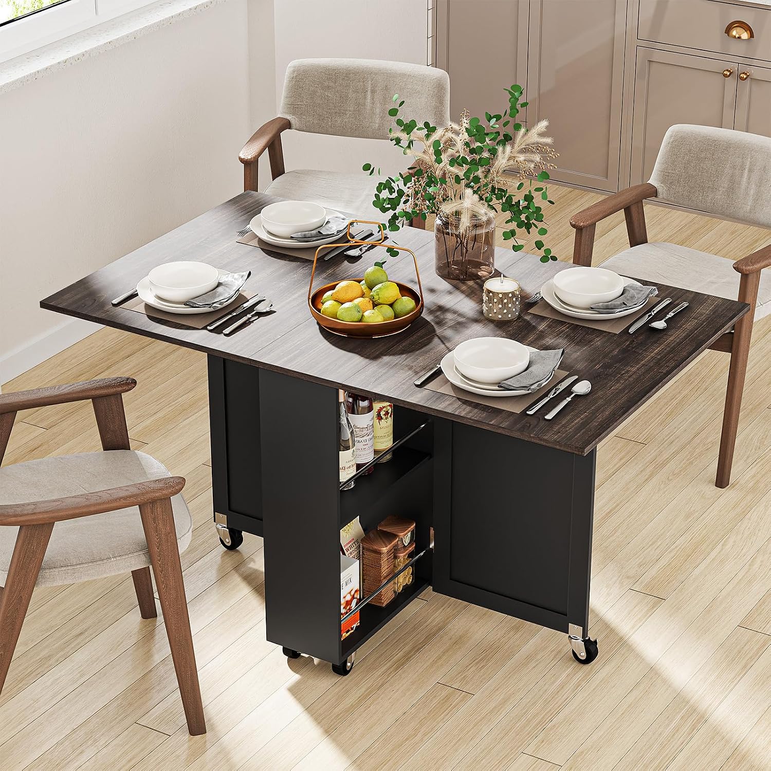 Folding Dining Table with 6 Wheels, Drop Leaf Tables for Small Spaces, Foldable Dining Table with 2-Layer Storage Rack, Kitchen Table with Drawer (Brown Wood and Black)