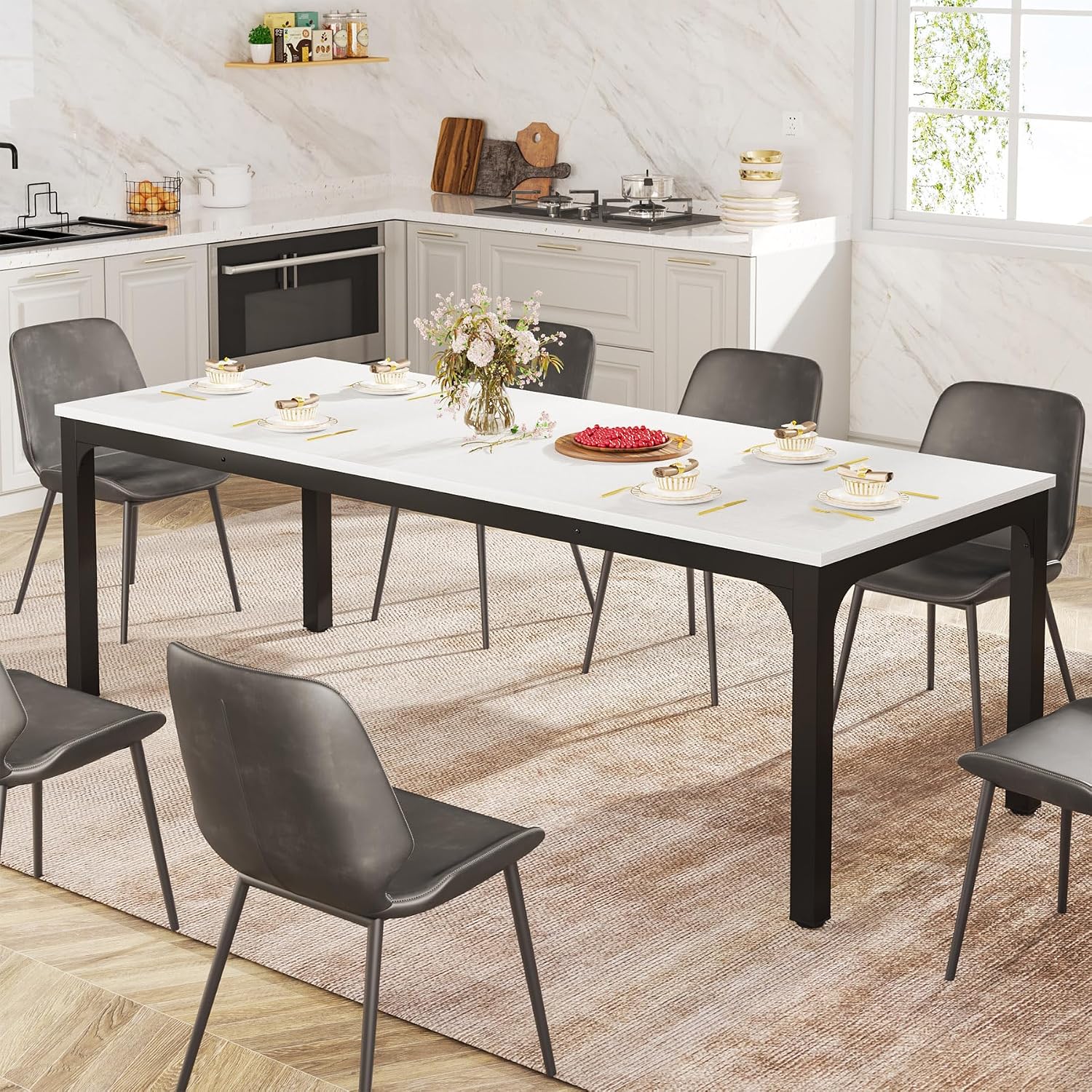 Tribesigns Dining Table for 6-8 People, 78-Inch Long Narrow Rectangular Dinner Table, 8 Seat Wood Kitchen Furniture for Dining Room (White+Black)