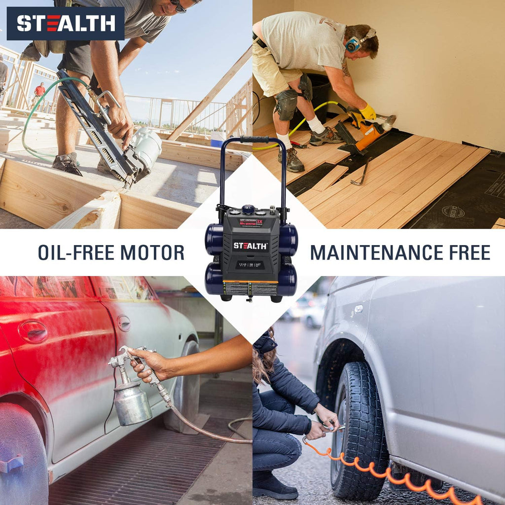 Stealth Quiet Air Compressor with Wheel, 64 Decibel 4.5 Gallon Peak 1.3 HP Max 150 PSI, Oil-Free Air Pump, 3 CFM @ 90 PSI Portable Air Compressor for Garage, Workshop, Jobsite SAQ-1413