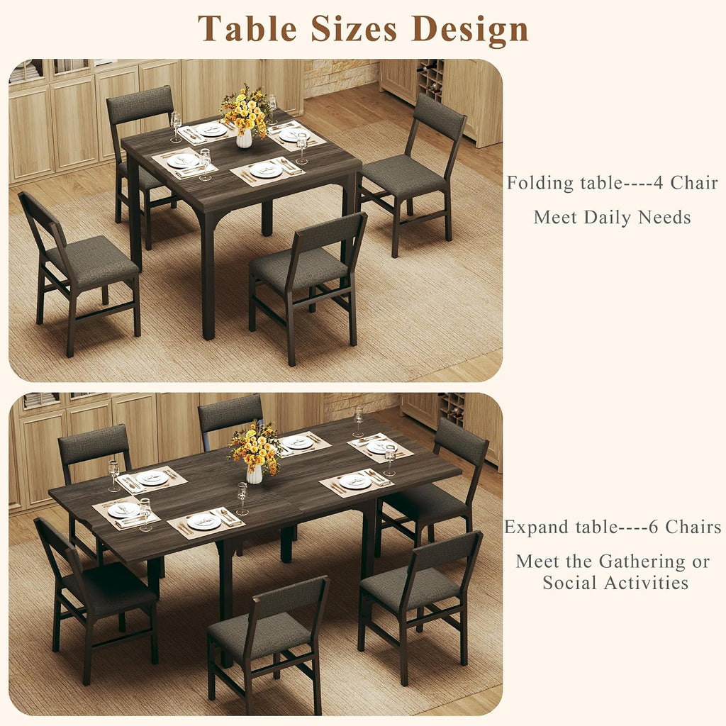 7-Piece Dining Table Set for 4-6, Extendable Kitchen Table Cushion Chairs Set of 6 with 6 Chairs, Rectangle Dining Table with Metal Frame & MDF Board, Folding for Small Apartment Saving Space,Grey Oak
