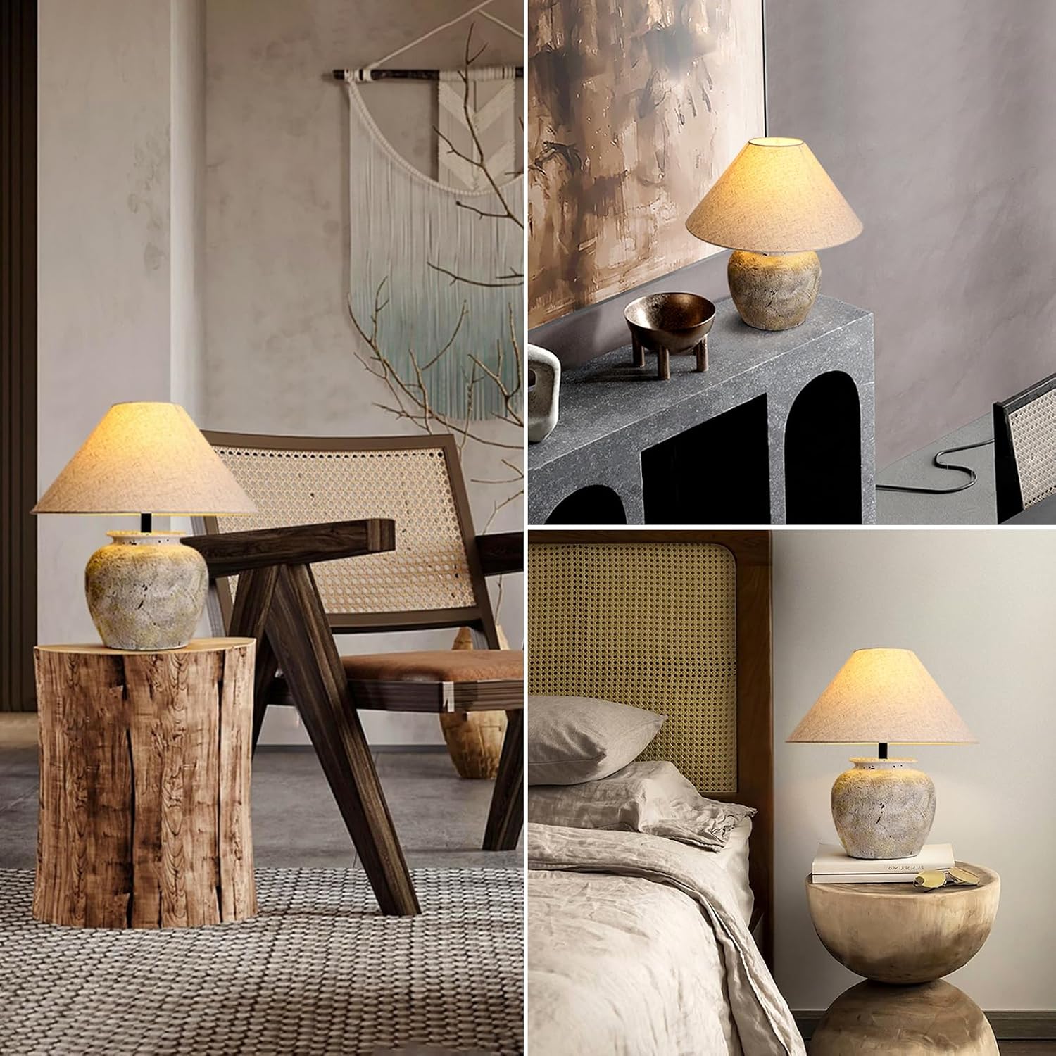 Farmhouse Table Lamp White Ceramic Lamps Rustic Clay Pot with Fabric Shade Decor for Living Room Bedroom House Bedside Nightstand Home Office