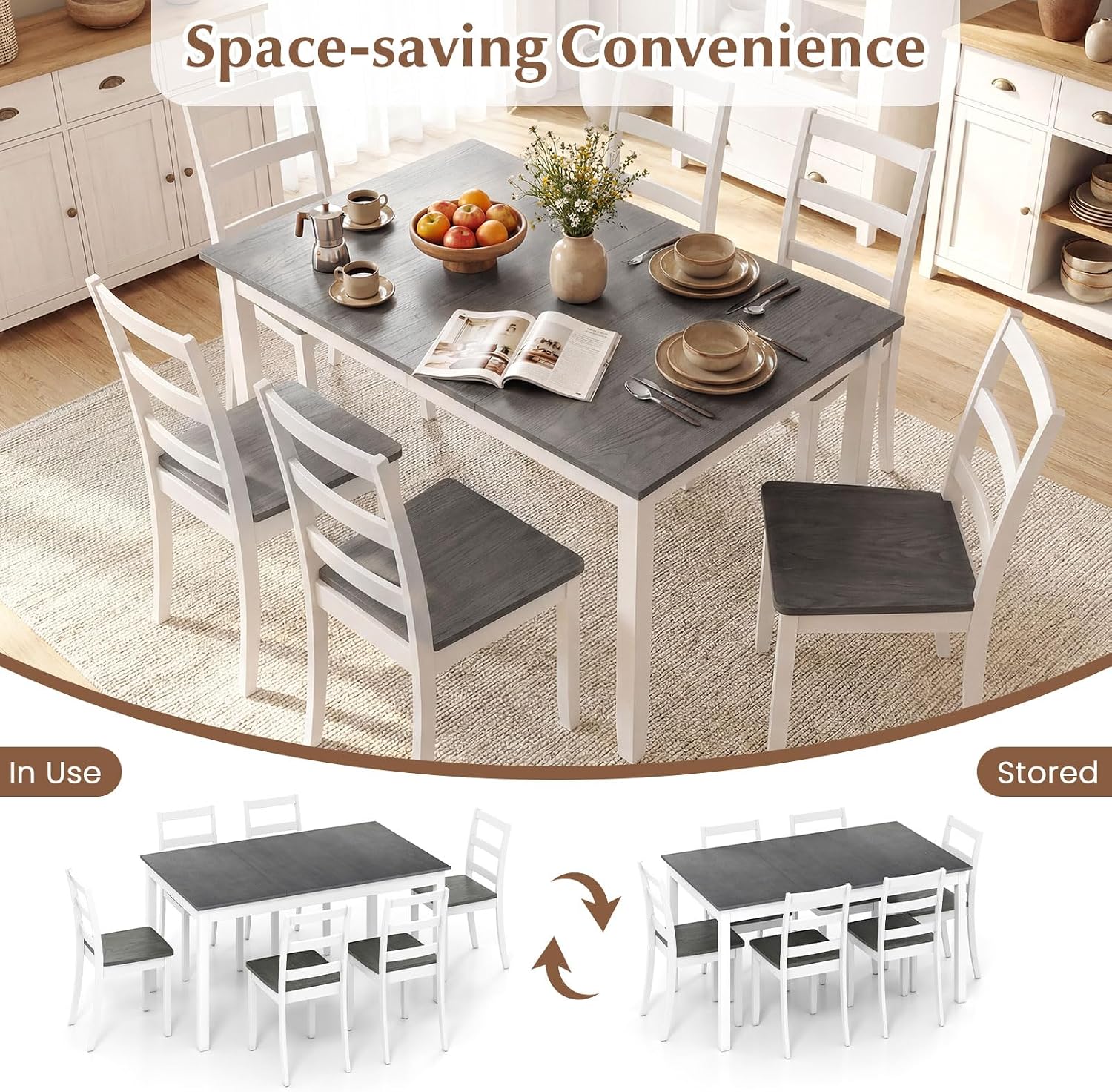 Giantex 7-Piece Dining Table Set for 6, Rectangular 60-inches Kitchen Table and 6 Dining Chairs with Rubber Wood Legs, Protective Foot Pads, Farmhouse Dinette Set for Dining Room, Restaurant (Gray)