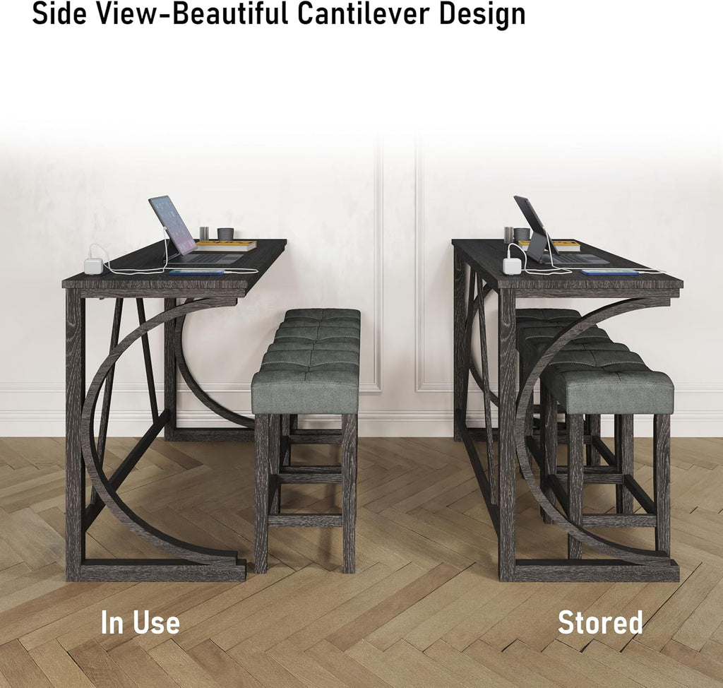 allamazing 4-Piece Counter High Bar Table Set with Socket and 3 Fabric Padded Bar Stools, Tall Kitchen Breakfast Nook with Stool, Black