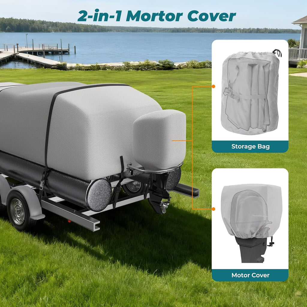 KAKIT Boat Cover, 1400D Oxford Heavy Duty Waterproof Trailerable Cover with 8 Metal Buckles and 12 Adjustable Tightening Straps, for Pontoon/Deck Boat(17'-20'Long, Beam Width up to 102', Light Gray)