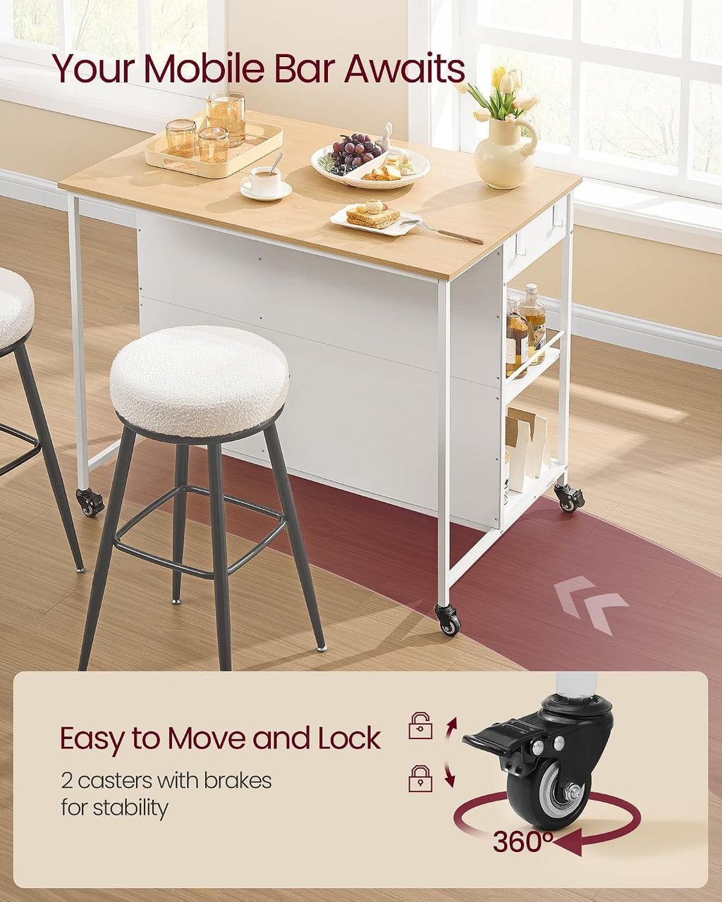 VASAGLE Kitchen Rolling Island, Mobile Kitchen Cart with Storage on Wheels, 27.6 x 43.3 x 35.4 Inches, 2 Drawers, 2 Hooks, for Dining Room, Oak Beige and Matte White UKKI011Y01