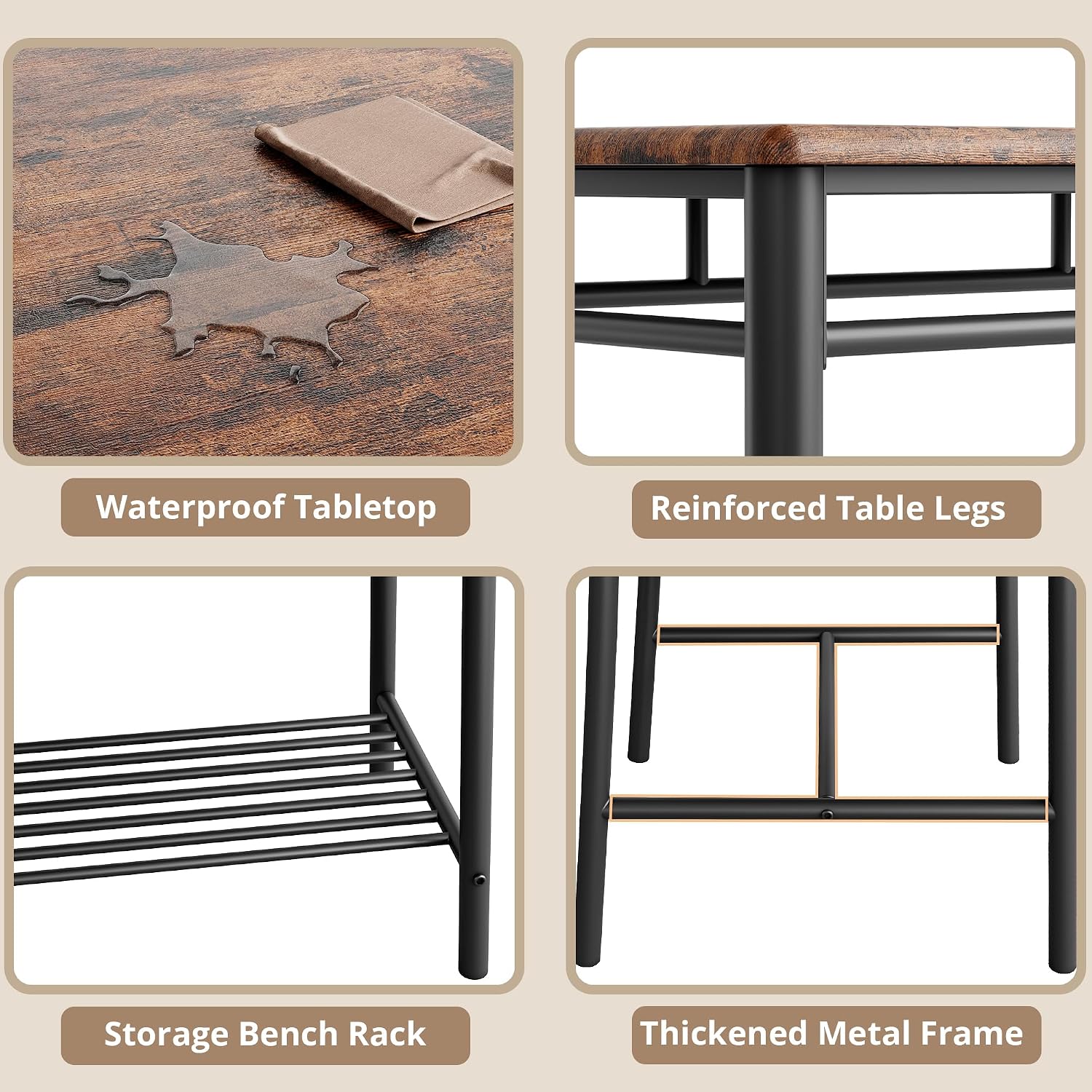IRONCK Dining Table Set for 4, Kitchen Table with Upholstered Bench and 2 Chairs, Kitchen Table and Chairs Set for Small Space, Apartment, Rustic Brown