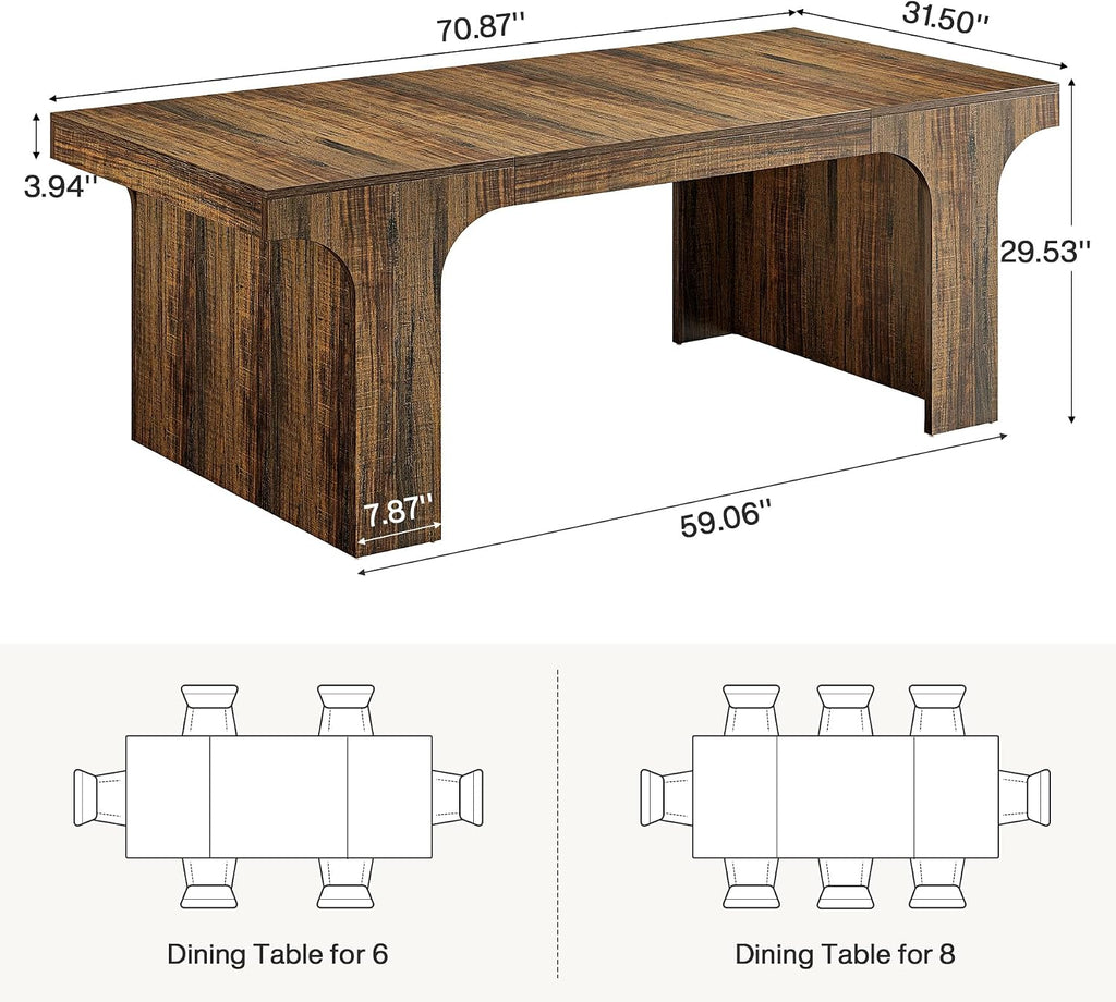 Tribesigns 71-Inch Farmhouse Dining Table for 6-8, Long Modern Wooden Kitchen Table with Arched Design, Large Rectangular Dining Furniture with Double Pedestal for Dinner Room, Rustic Brown