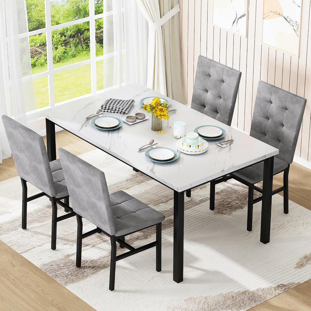 AWQM Dining Table Set for 4,Faux Marble Kitchen Table and Chairs Set of 4, Modern Dining Room Set for 4,Dinner Table Set with Velvet Chairs, Dining Set for Small Spaces,White & Grey