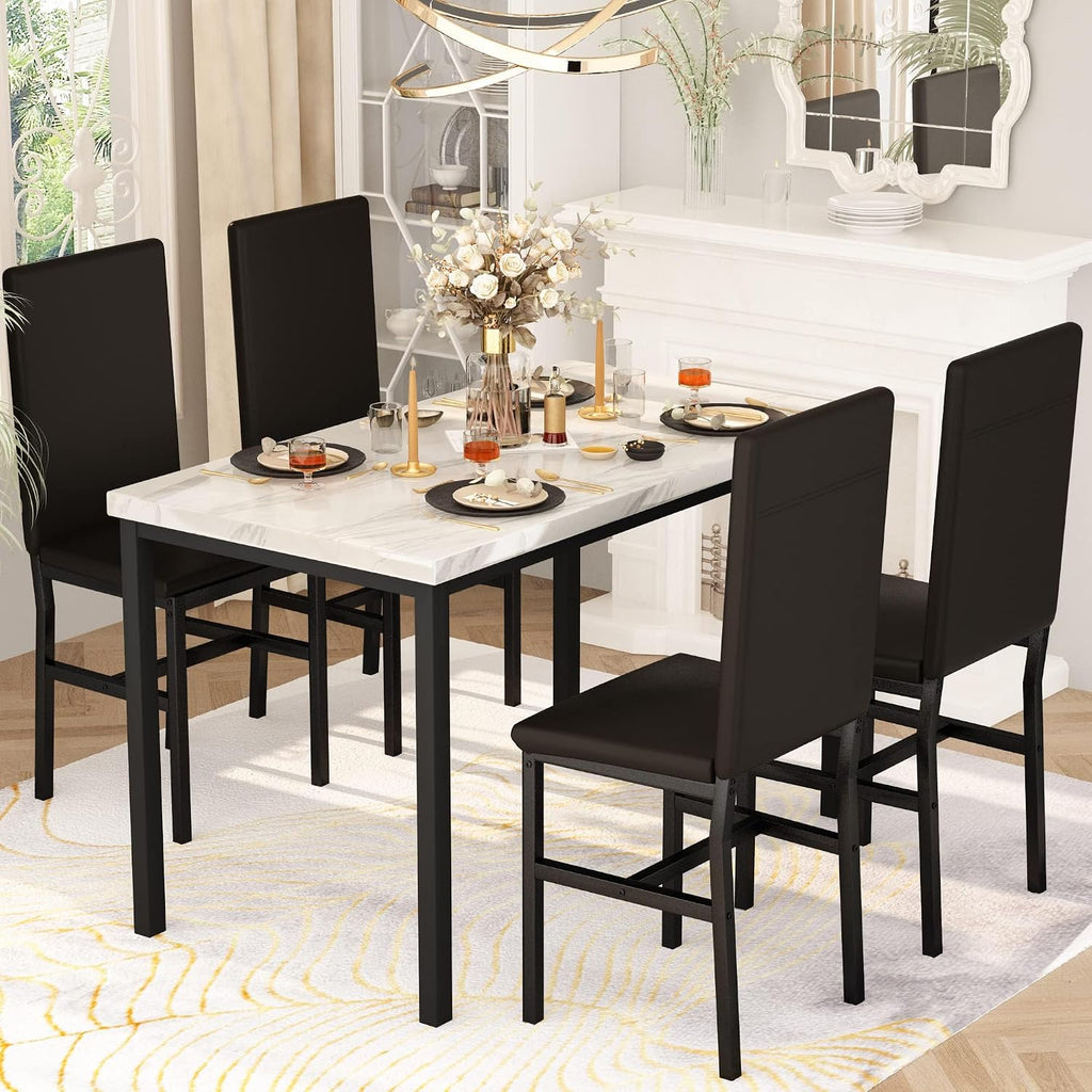 Hooseng Dining Table Set for 4, Modern Faux Marble Kitchen Table with 4 PU Leather Chairs, 5 Piece Dining Room Sets for Dinette, Breakfast Nook, Black