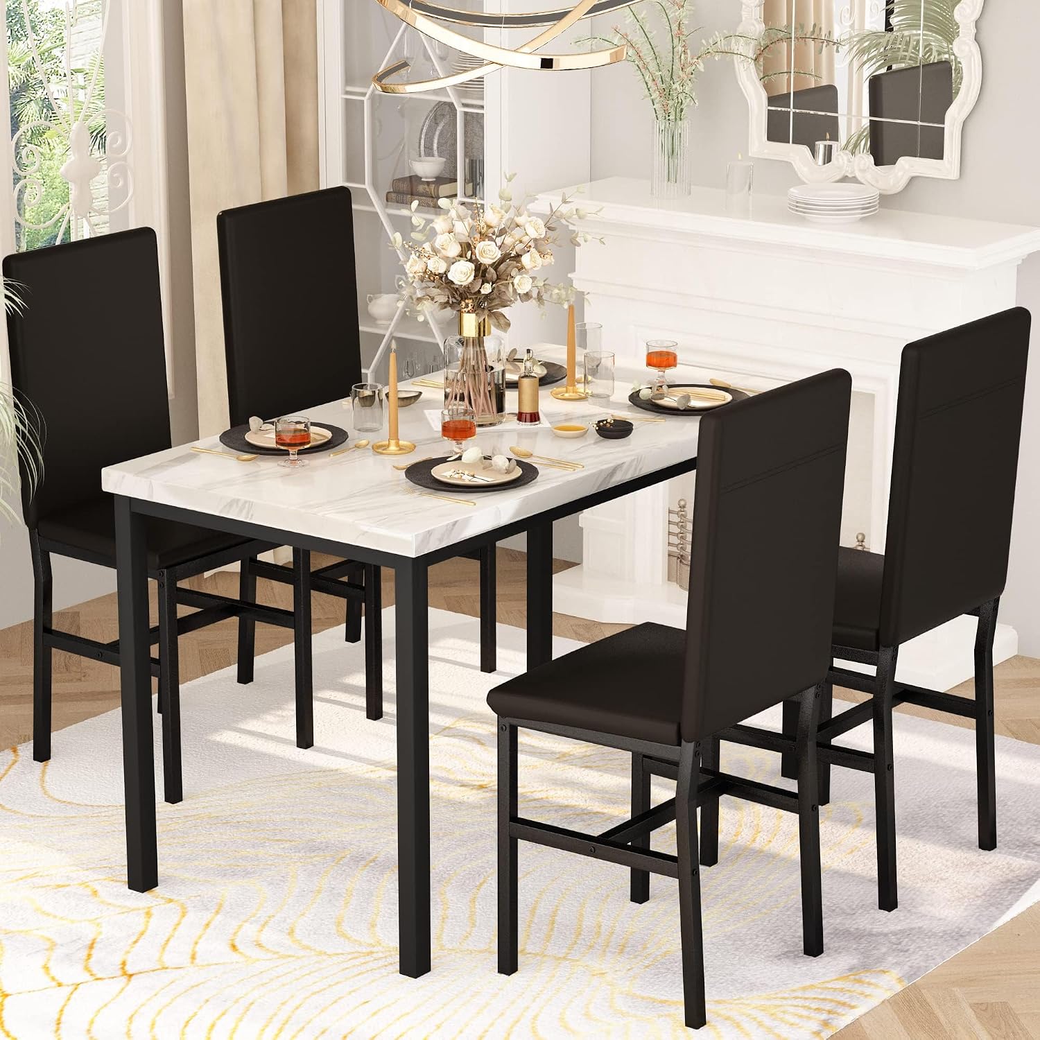 Hooseng Dining Table Set for 4, Modern Faux Marble Kitchen Table with 4 PU Leather Chairs, 5 Piece Dining Room Sets for Dinette, Breakfast Nook, Black
