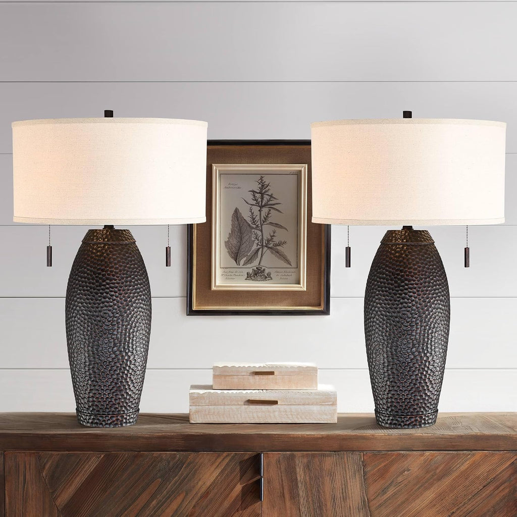 Franklin Iron Works Noah 31' Tall Vase Large Farmhouse Rustic Mission Western End Table Lamps Set of 2 Pull Chain Brown Hammered Bronze Finish Living Room Bedroom Bedside Nightstand Oatmeal Shade