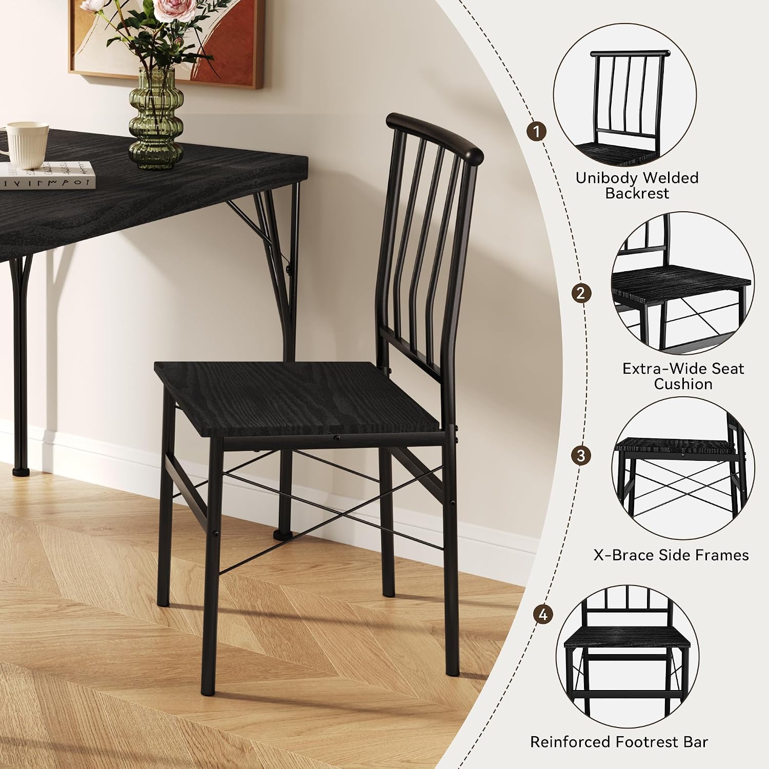 Dining Table Set for 4 with 1.6' Thick Tabletop, 5-Piece Kitchen Table Set, Space-Saving Rectangular Dining Room Kitchen Table Chair Set for Small Space,Dinette,Apartment,Rustic Black