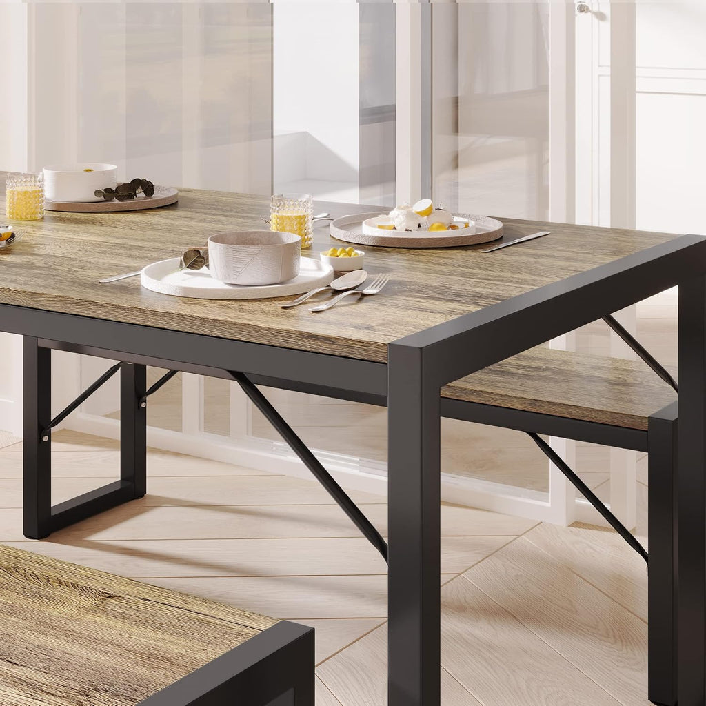 Gizoon 45.5' Dining Table Set for 4 with 2 Benches, Kitchen Table Set with Metal Frame & MDF Board, Space-Saving Dinette for Kitchen, Dining Room -Grey