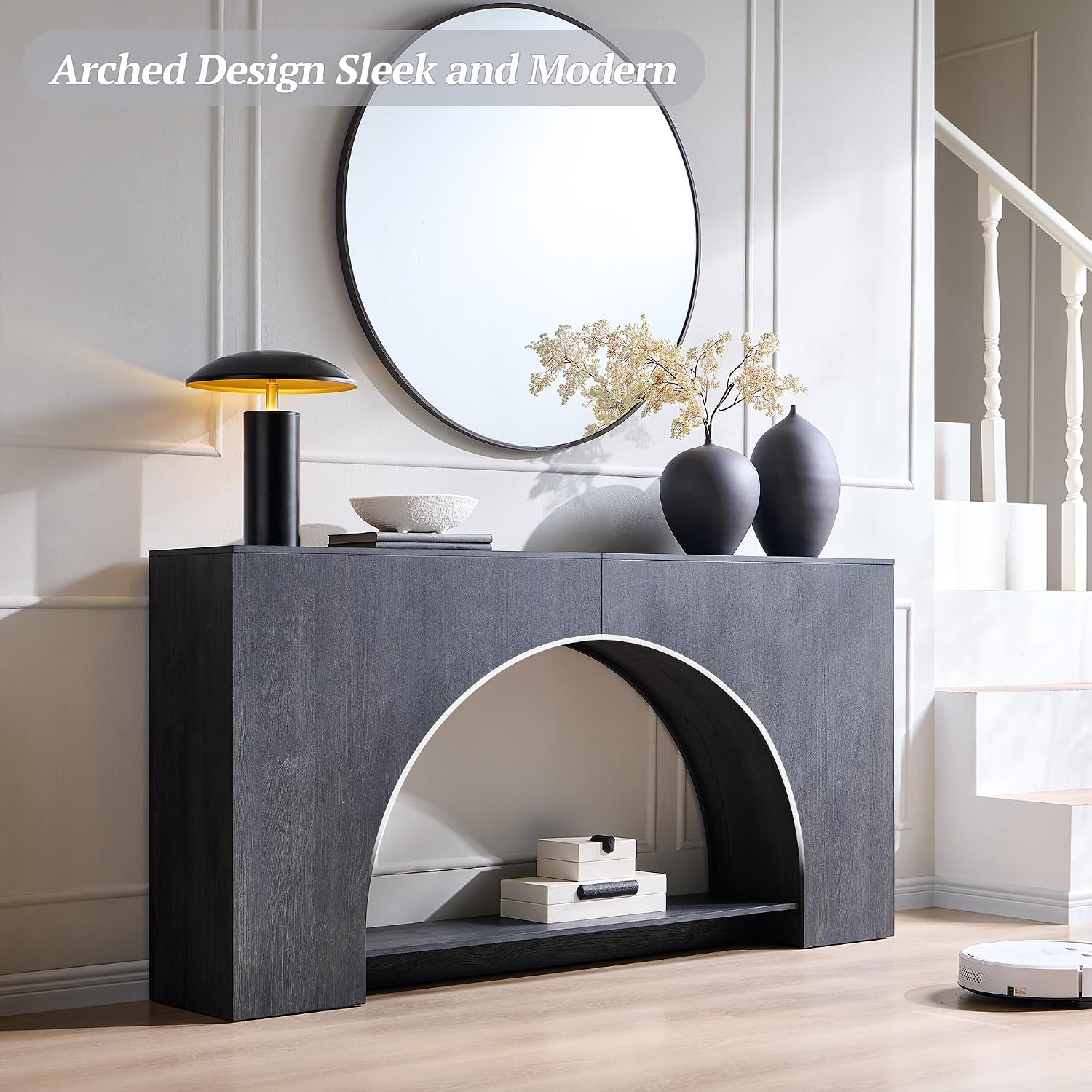IFGET 63' Arched Console Table, 2-Tier Modern Entryway Table with Arched Base, Narrow Long Wood Sofa Table Behind Couch Table for Living Room, Hallway, Foyer, Dark Grey