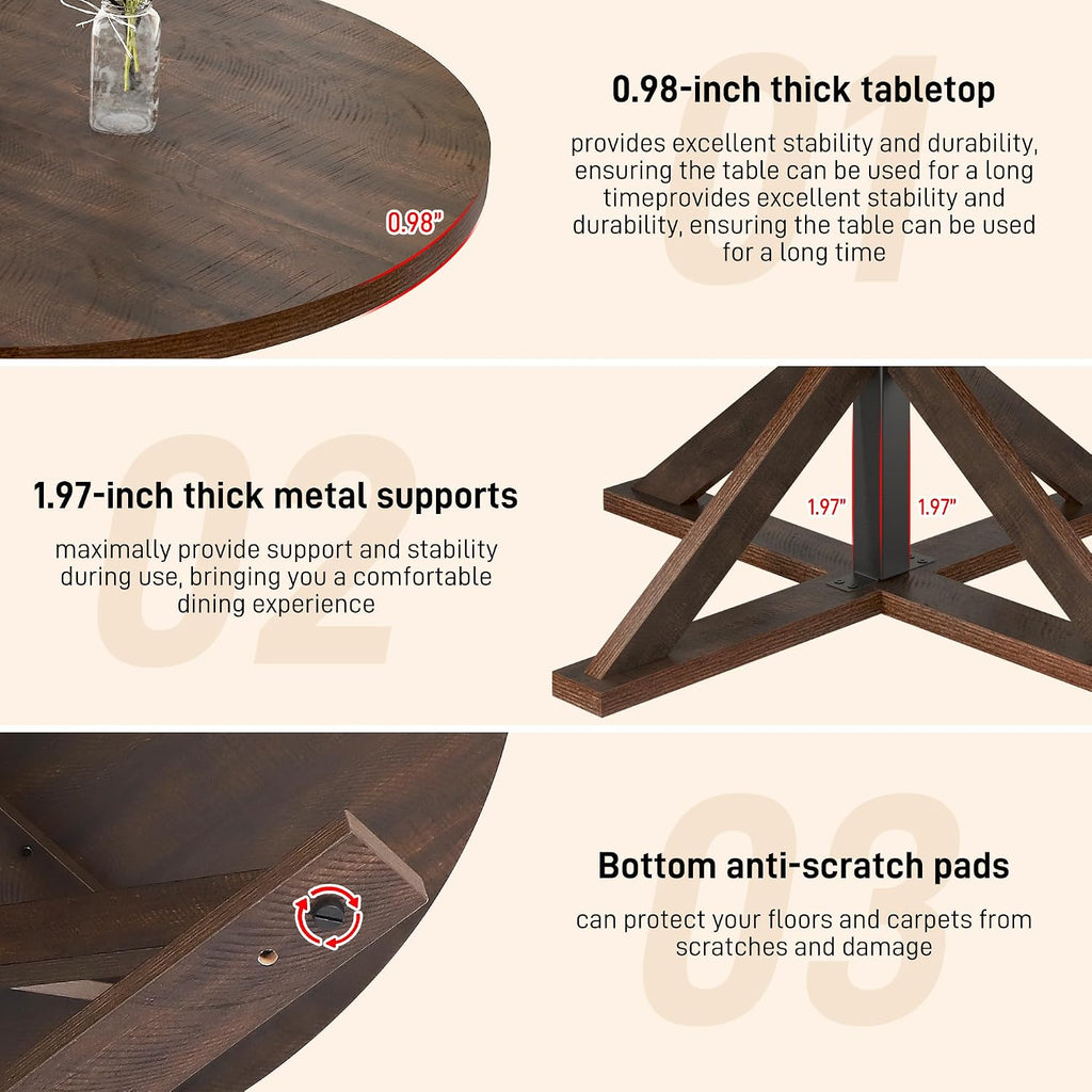 jiteentarou Round Wood Dining Table for Kitchen,Dining Room,Living Room,Farmhouse Dinner Tables W/Thickened Brown Wooden Waterproof Tabletop for 4 People,47 inch Rustic Kitchen Table W/Metal Support