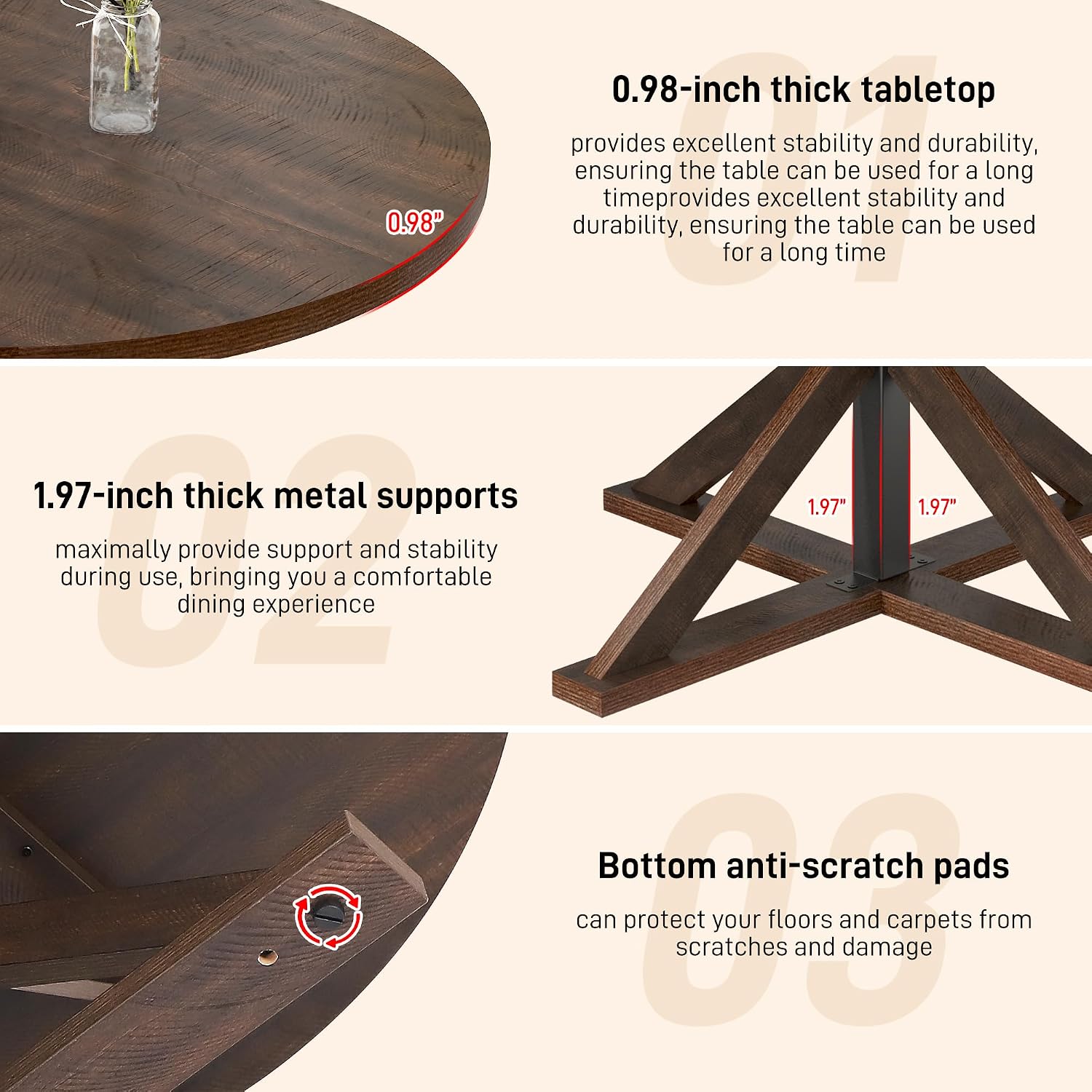 jiteentarou Round Wood Dining Table for Kitchen,Dining Room,Living Room,Farmhouse Dinner Tables W/Thickened Brown Wooden Waterproof Tabletop for 4 People,47 inch Rustic Kitchen Table W/Metal Support